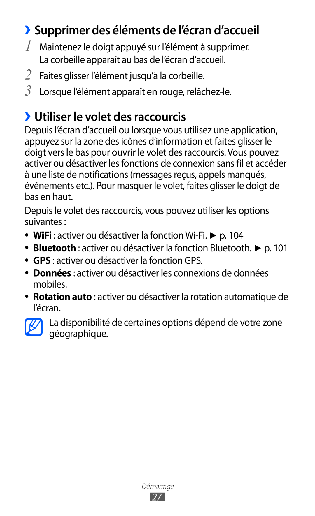 Samsung GT-I9070HKNFTM, GT-I9070RWNXEF ››Supprimer des éléments de l’écran d’accueil, ››Utiliser le volet des raccourcis 