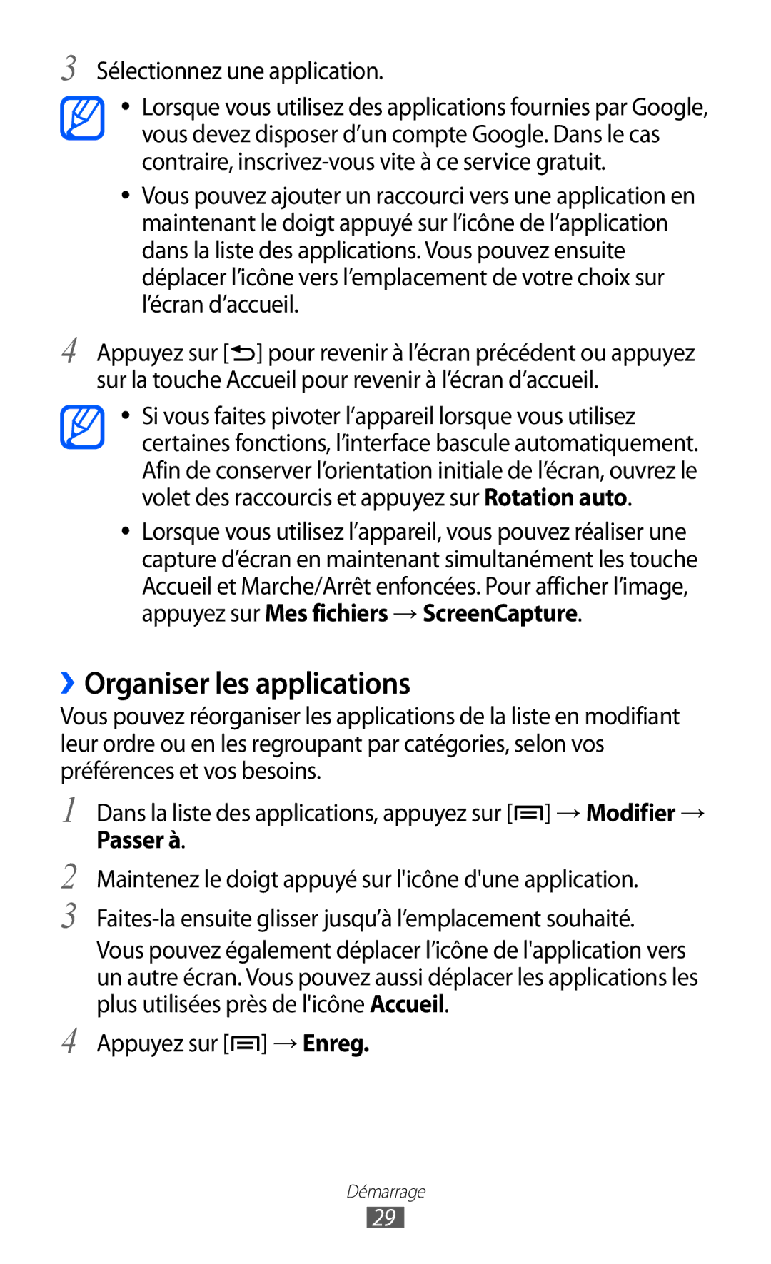 Samsung GT-I9070HKNNRJ manual ››Organiser les applications, Sélectionnez une application, Passer à, Appuyez sur → Enreg 