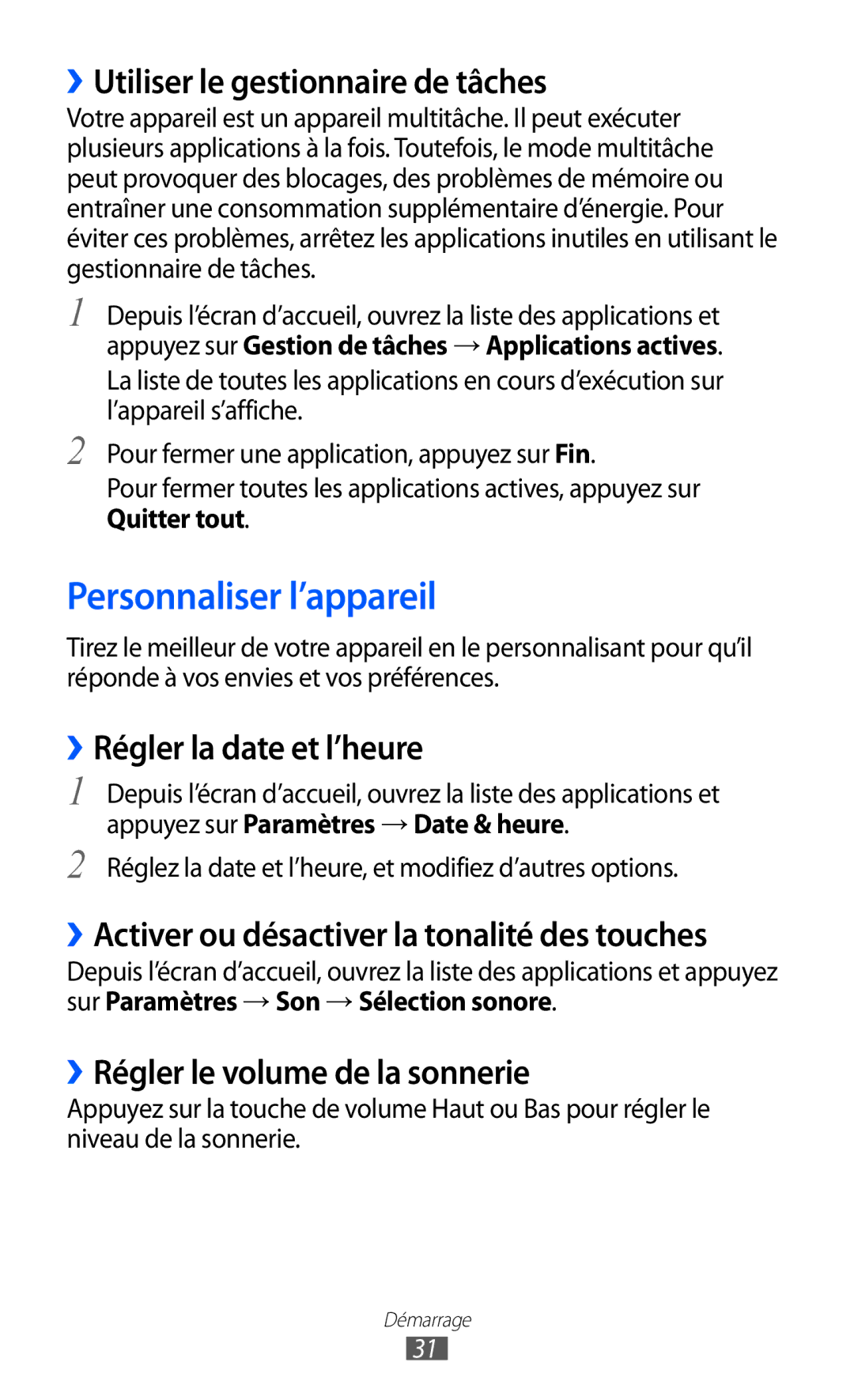 Samsung GT-I9070RWNNRJ manual Personnaliser l’appareil, ››Utiliser le gestionnaire de tâches, ››Régler la date et l’heure 