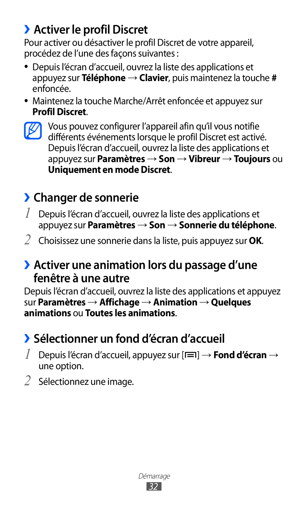 Samsung GT-I9070MSVXEF manual ››Activer le profil Discret, ››Changer de sonnerie, ››Sélectionner un fond d’écran d’accueil 