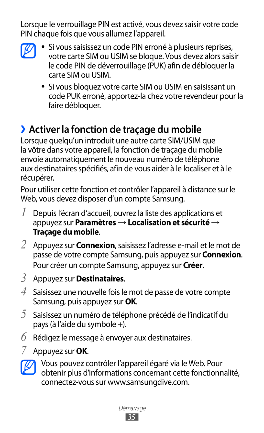 Samsung GT-I9070HKNNRJ, GT-I9070RWNXEF, GT-I9070RWNNRJ, GT-I9070MSVXEF manual ››Activer la fonction de traçage du mobile 