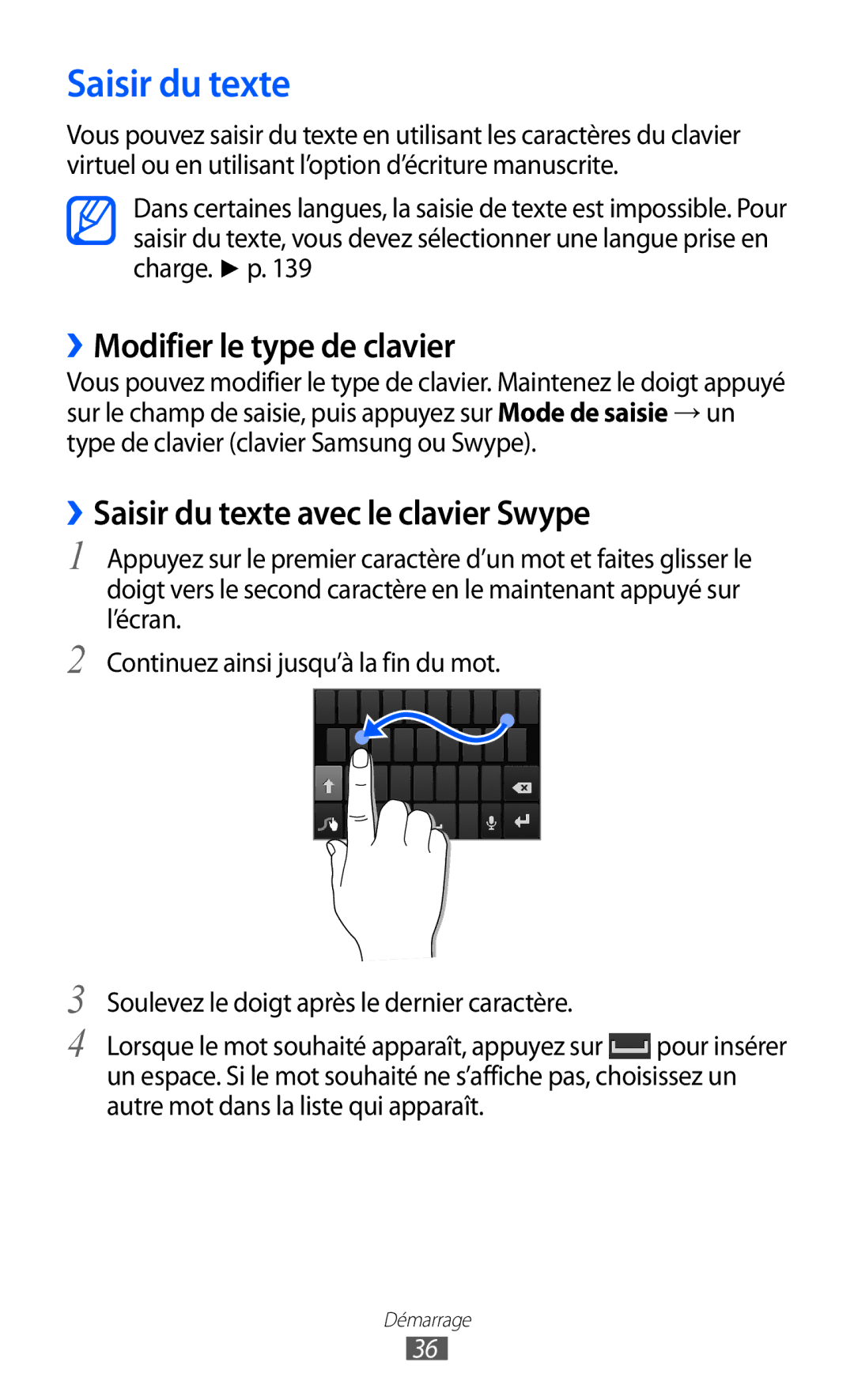 Samsung GT-I9070RWNXEF, GT-I9070RWNNRJ manual ››Modifier le type de clavier, ››Saisir du texte avec le clavier Swype 