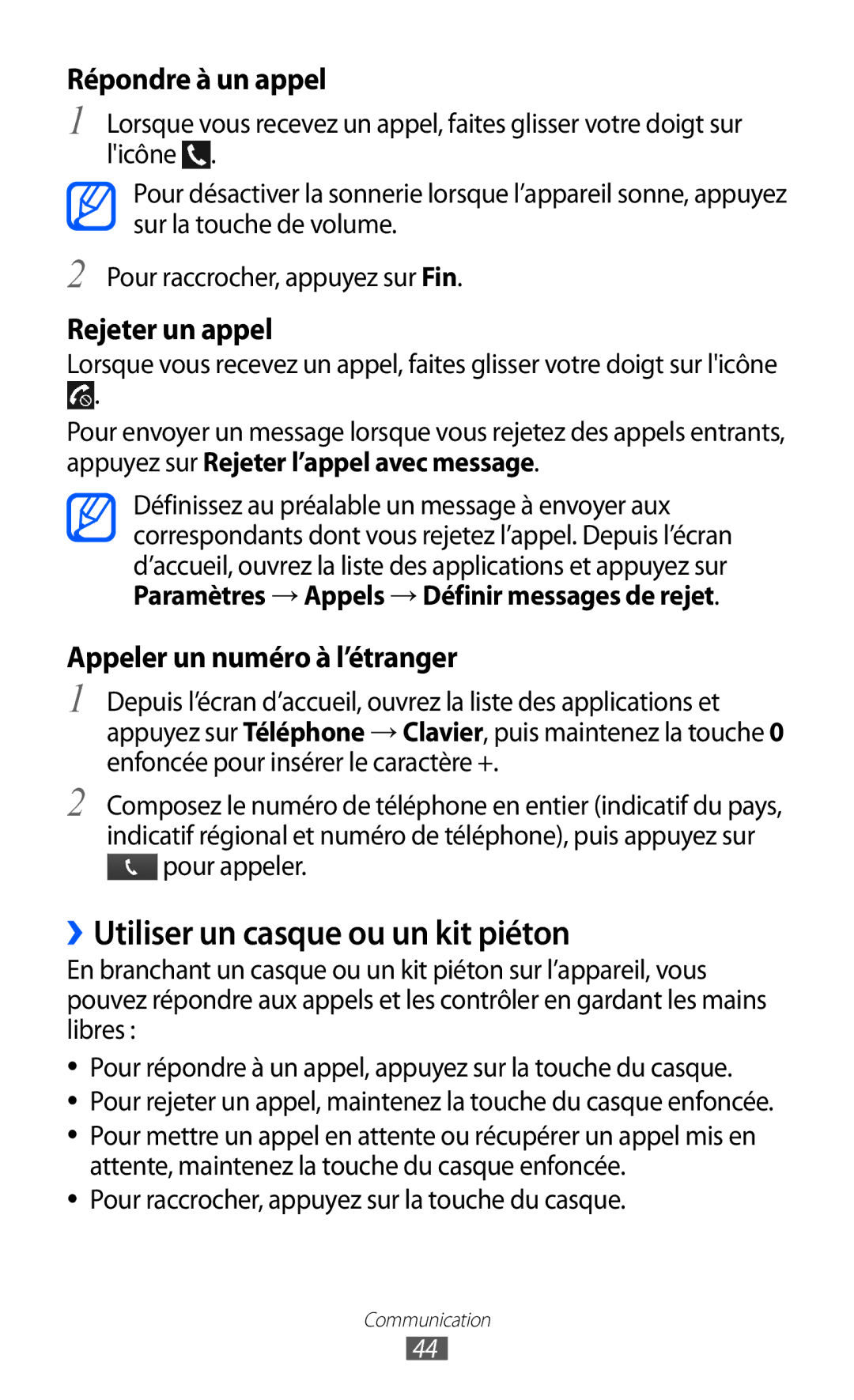 Samsung GT-I9070MSVXEF manual ››Utiliser un casque ou un kit piéton, Paramètres → Appels → Définir messages de rejet 