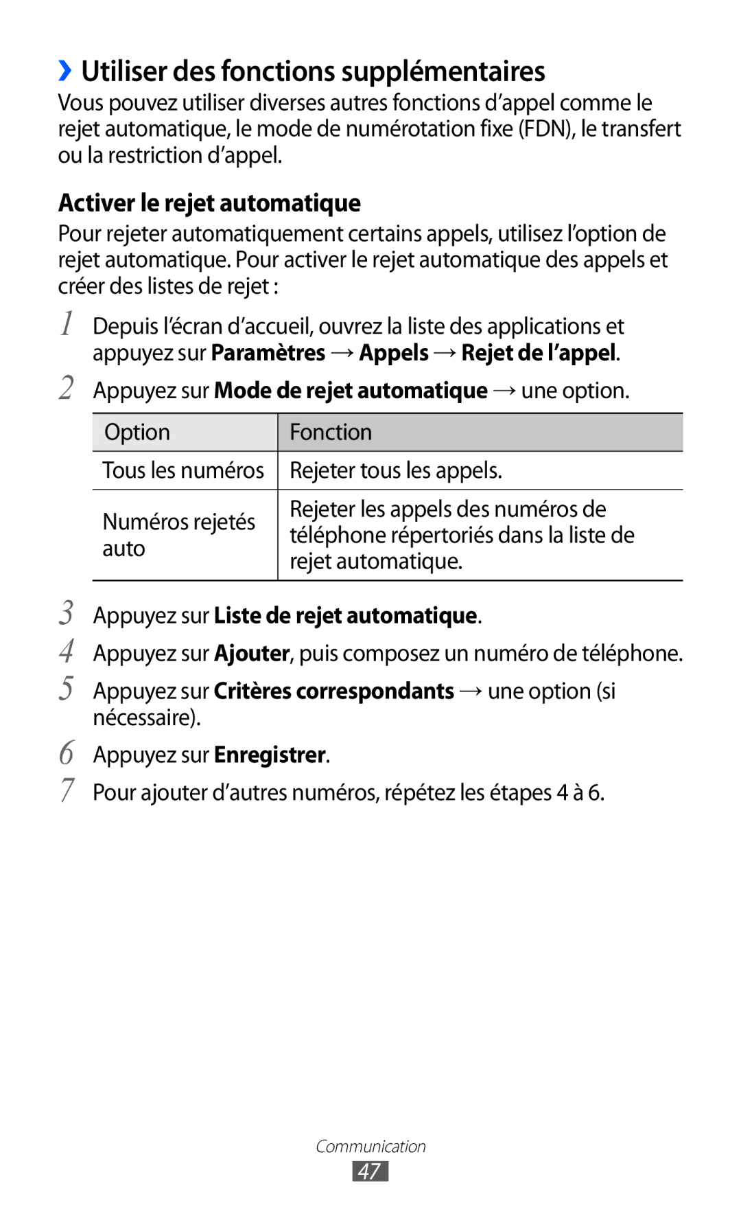 Samsung GT-I9070HKNNRJ manual ››Utiliser des fonctions supplémentaires, Appuyez sur Mode de rejet automatique → une option 