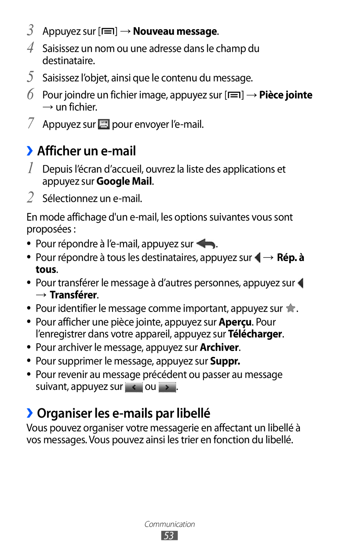 Samsung GT-I9070HKNNRJ, GT-I9070RWNXEF manual ››Afficher un e-mail, ››Organiser les e-mails par libellé, → Transférer 