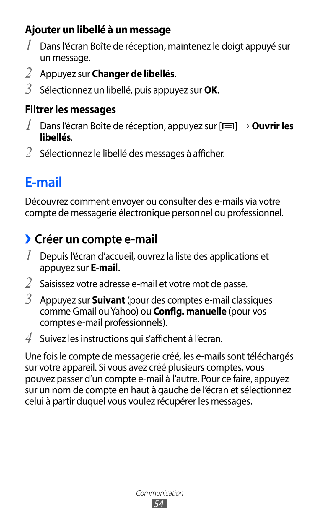 Samsung GT-I9070RWNXEF, GT-I9070RWNNRJ manual Mail, ››Créer un compte e-mail, Appuyez sur Changer de libellés, Libellés 