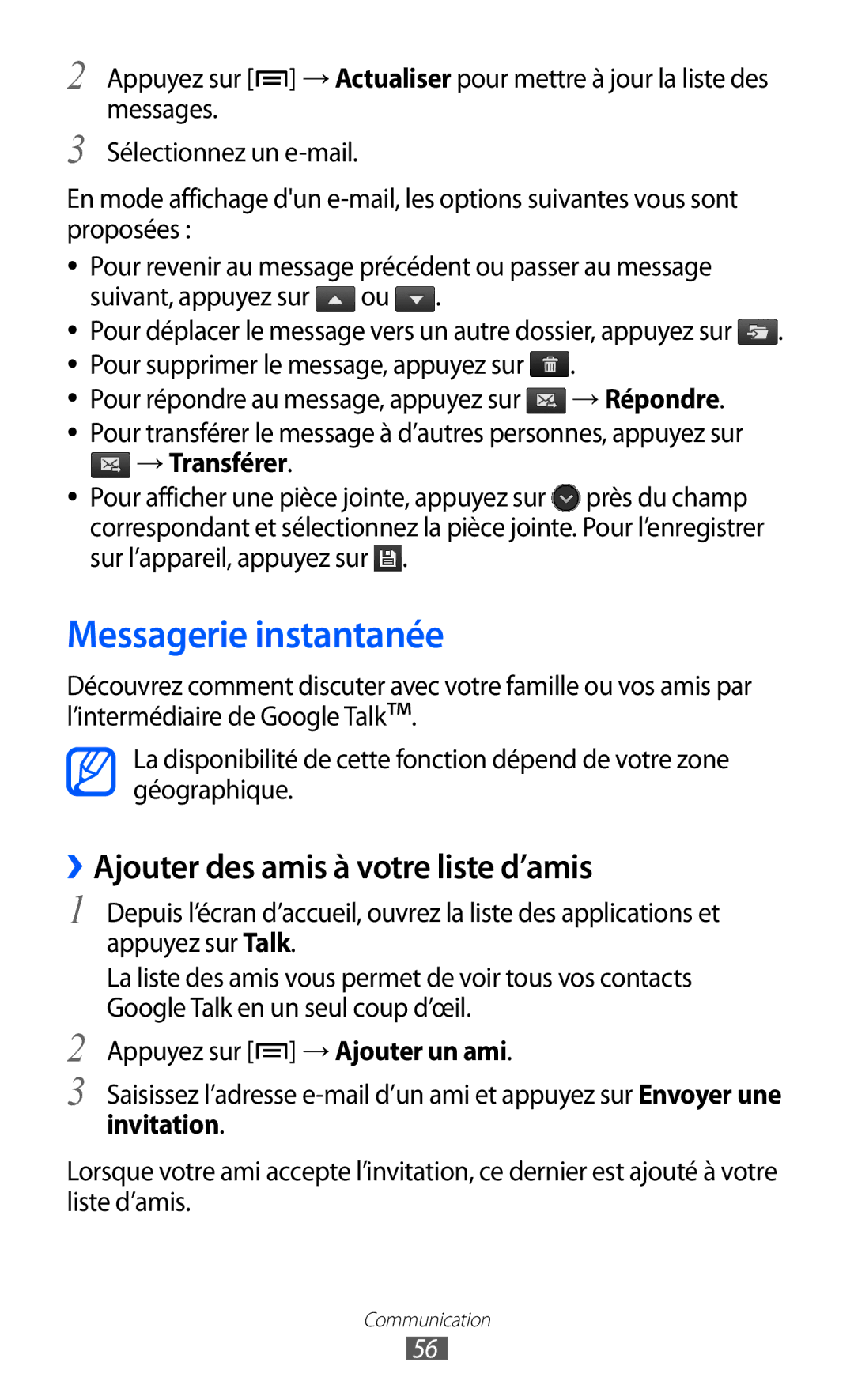 Samsung GT-I9070MSVXEF, GT-I9070RWNXEF, GT-I9070RWNNRJ manual Messagerie instantanée, ››Ajouter des amis à votre liste d’amis 