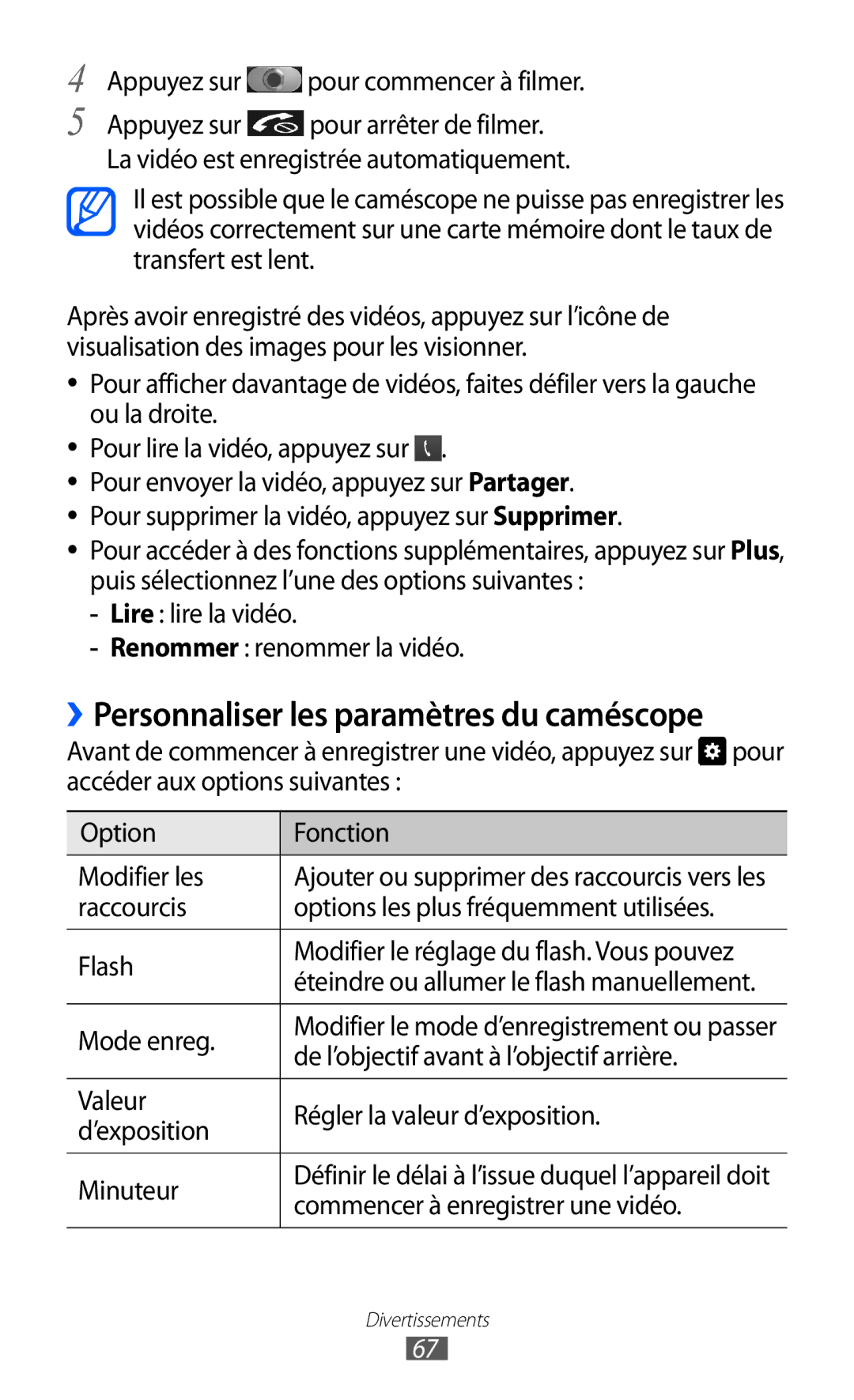 Samsung GT-I9070RWNNRJ, GT-I9070RWNXEF, GT-I9070MSVXEF, GT-I9070HKNFTM manual ››Personnaliser les paramètres du caméscope 