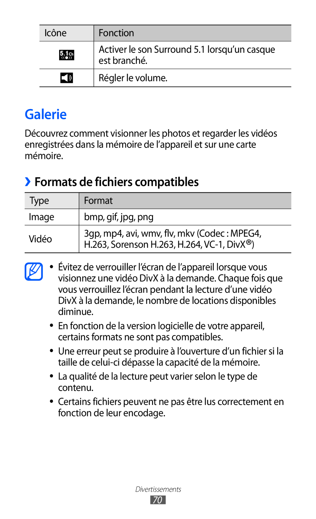 Samsung GT-I9070HKNXEF, GT-I9070RWNXEF, GT-I9070RWNNRJ, GT-I9070MSVXEF manual Galerie, Formats de fichiers compatibles 