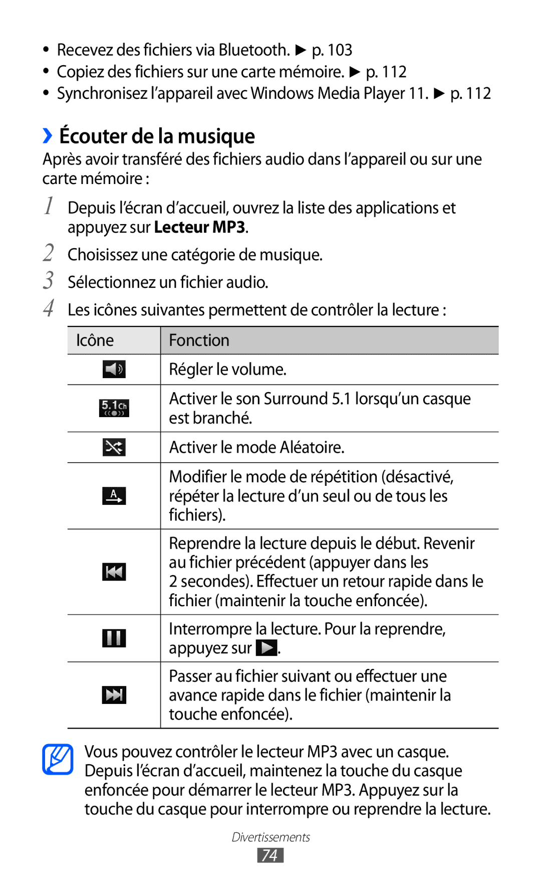 Samsung GT-I9070MSVXEF, GT-I9070RWNXEF, GT-I9070RWNNRJ manual ››Écouter de la musique, Au fichier précédent appuyer dans les 