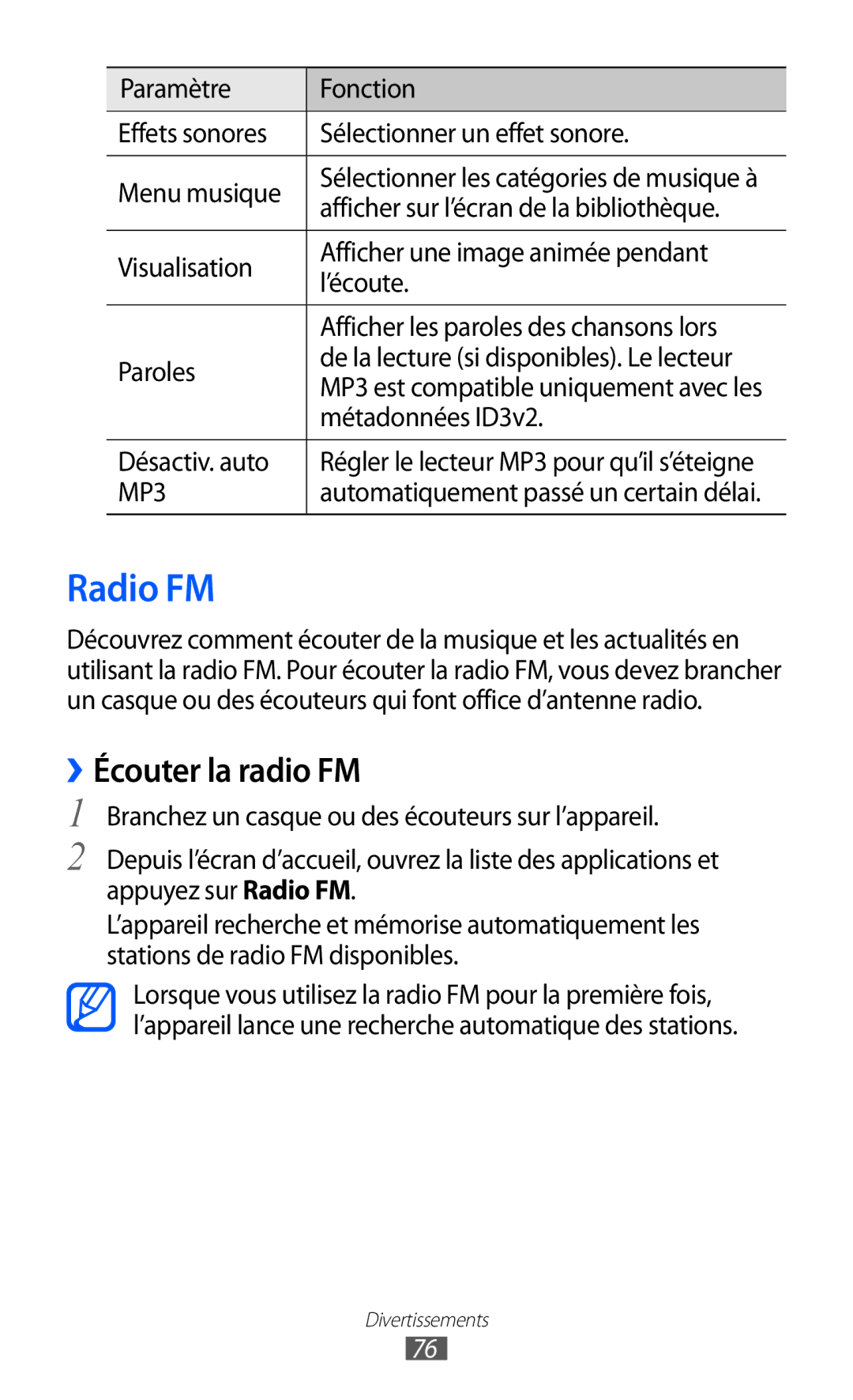 Samsung GT-I9070HKNXEF manual Radio FM, ››Écouter la radio FM, Afficher sur l’écran de la bibliothèque, Métadonnées ID3v2 