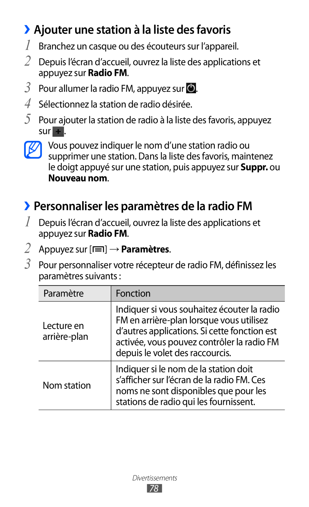 Samsung GT-I9070RWNXEF manual ››Ajouter une station à la liste des favoris, ››Personnaliser les paramètres de la radio FM 