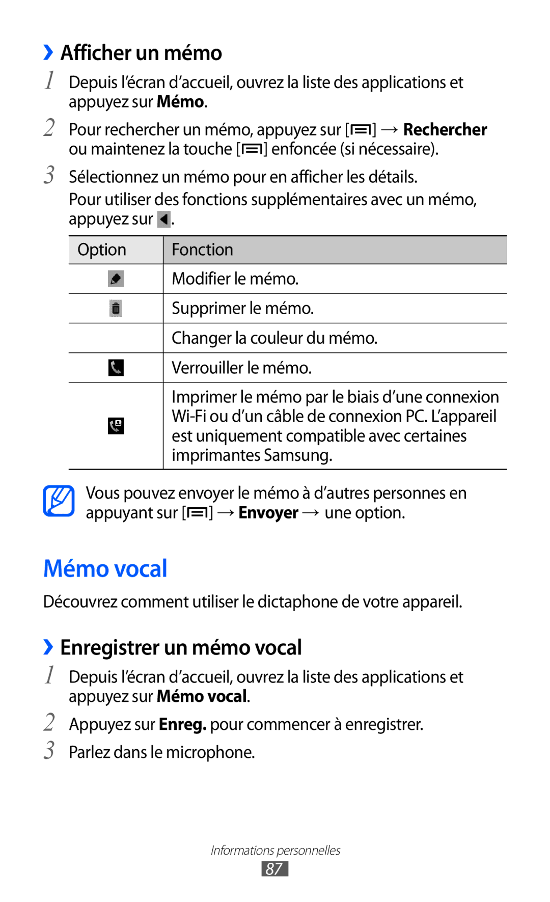 Samsung GT-I9070HKNFTM, GT-I9070RWNXEF, GT-I9070RWNNRJ manual Mémo vocal, ››Afficher un mémo, ››Enregistrer un mémo vocal 