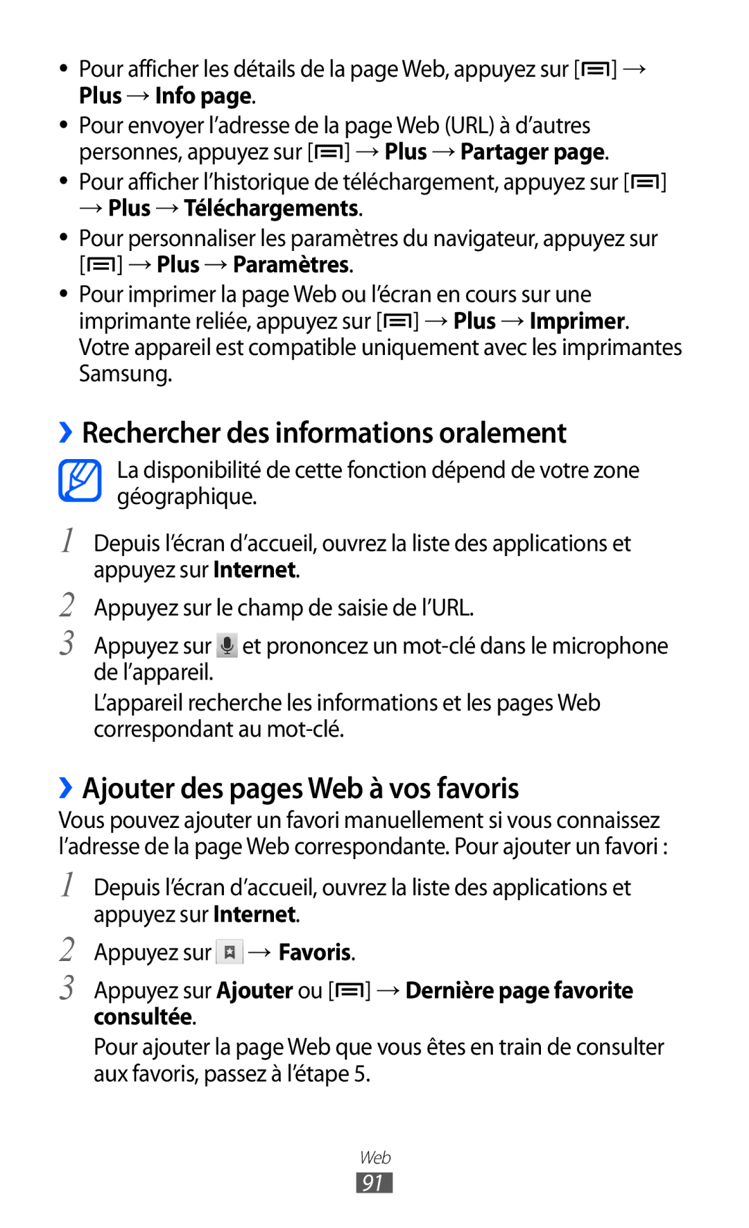 Samsung GT-I9070RWNNRJ manual ››Rechercher des informations oralement, ››Ajouter des pages Web à vos favoris, Plus → Info 