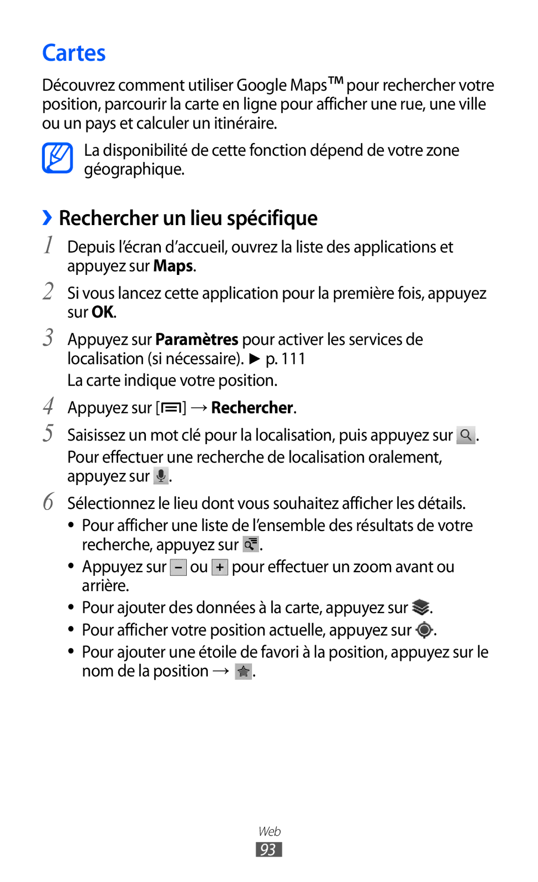 Samsung GT-I9070HKNFTM, GT-I9070RWNXEF, GT-I9070RWNNRJ, GT-I9070MSVXEF manual Cartes, ››Rechercher un lieu spécifique 