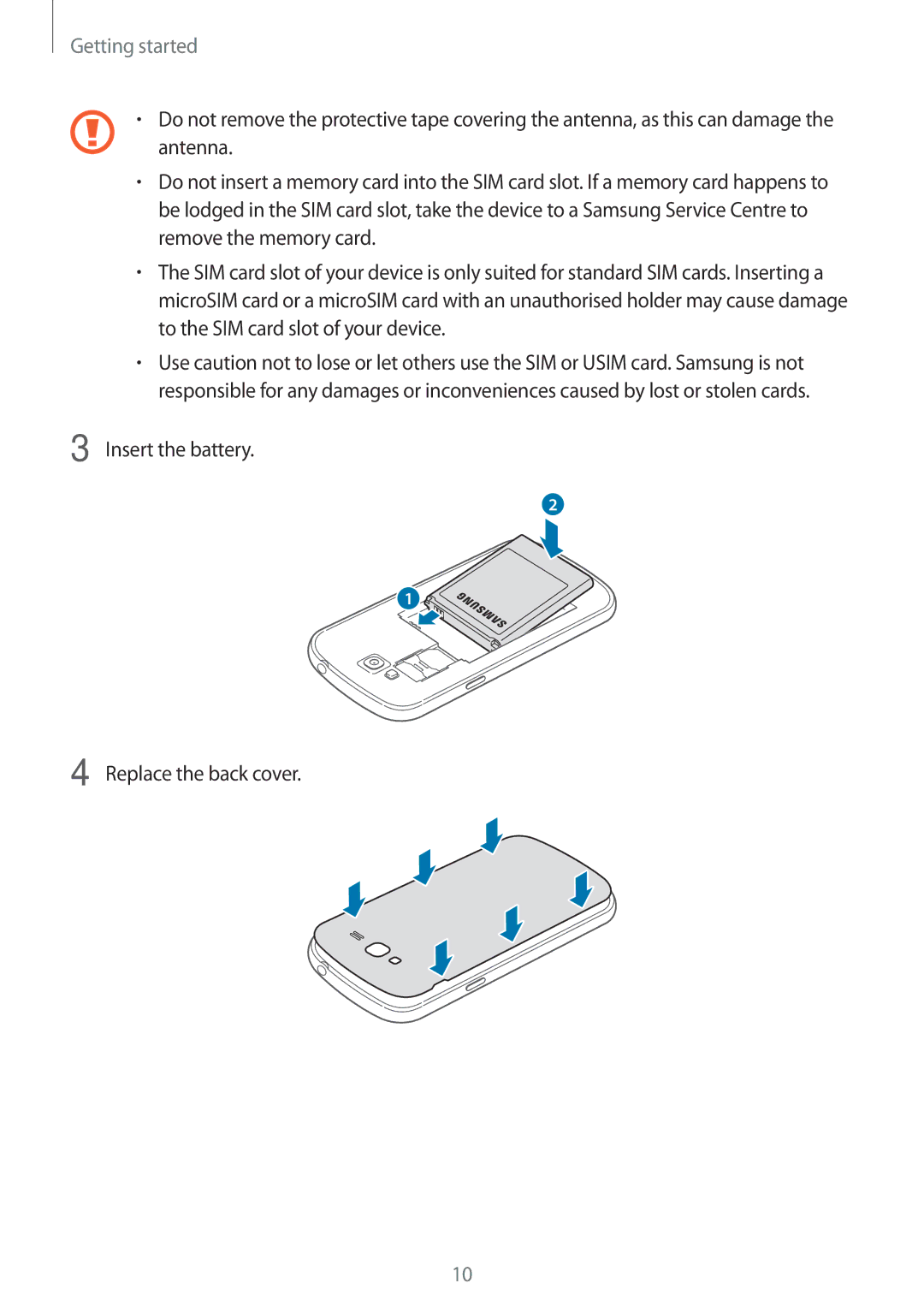 Samsung GT-I9082 user manual Insert the battery Replace the back cover 