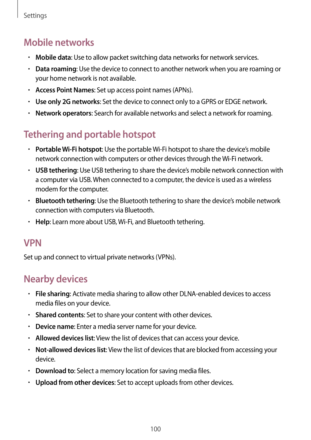 Samsung GT-I9082 user manual Mobile networks, Tethering and portable hotspot, Nearby devices 