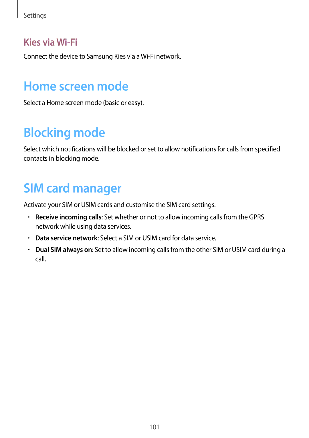 Samsung GT-I9082 user manual Home screen mode, Blocking mode, SIM card manager, Kies via Wi-Fi 