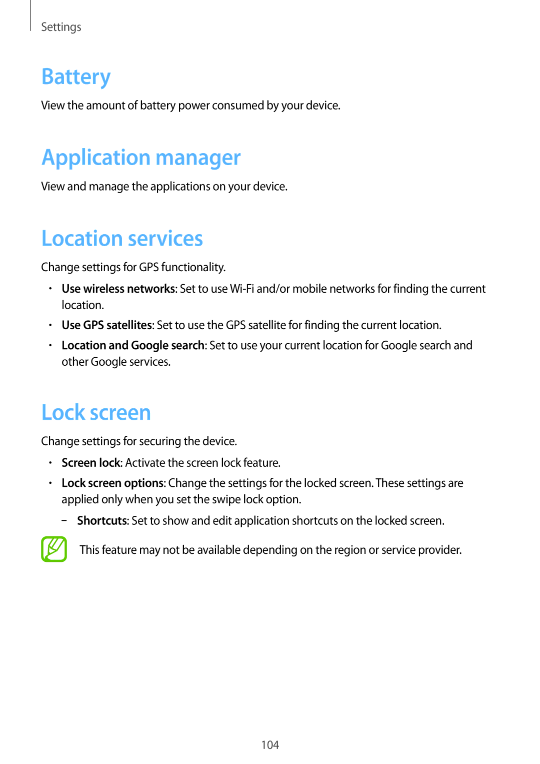 Samsung GT-I9082 user manual Battery, Application manager, Location services, Lock screen 