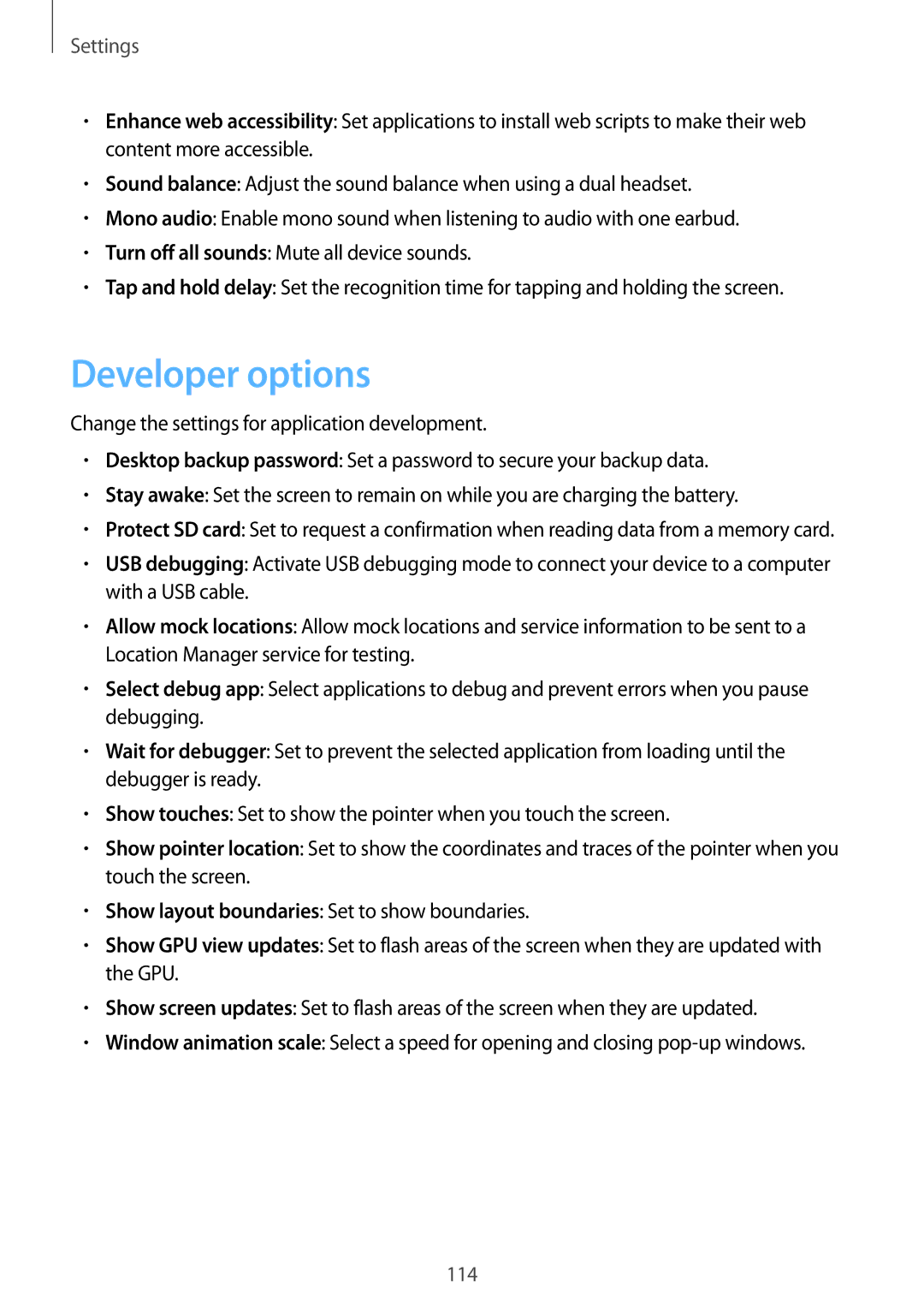 Samsung GT-I9082 user manual Developer options 