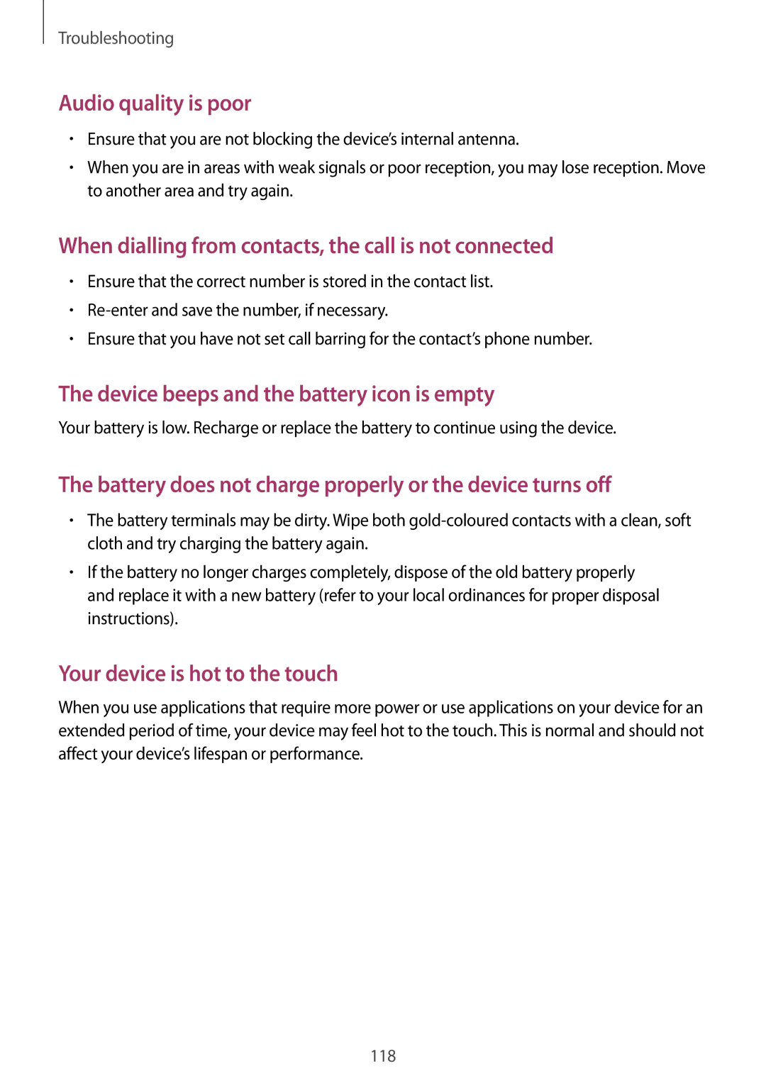 Samsung GT-I9082 user manual Device beeps and the battery icon is empty 