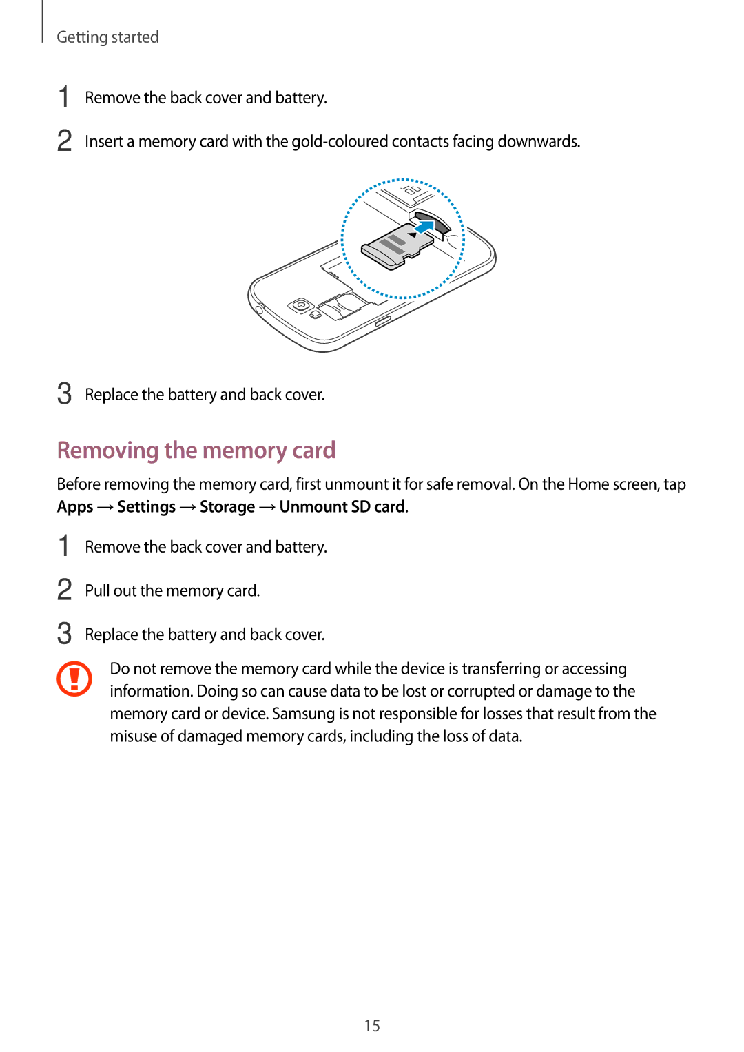 Samsung GT-I9082 user manual Removing the memory card 