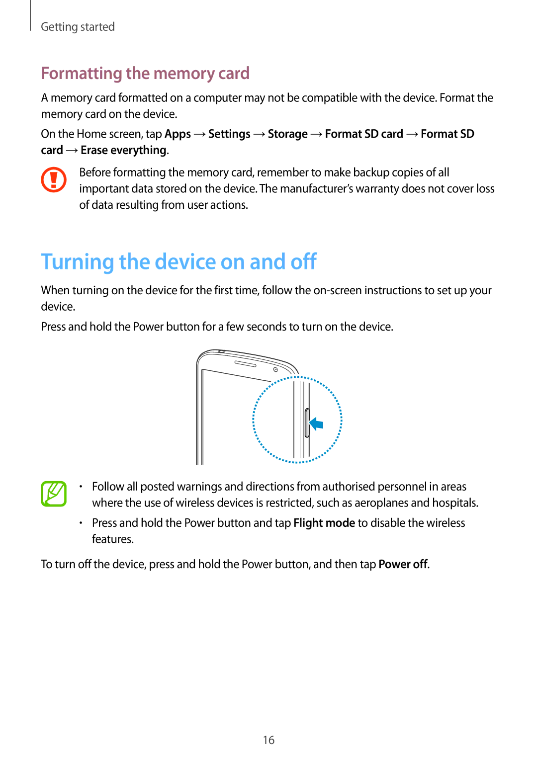 Samsung GT-I9082 user manual Turning the device on and off, Formatting the memory card 