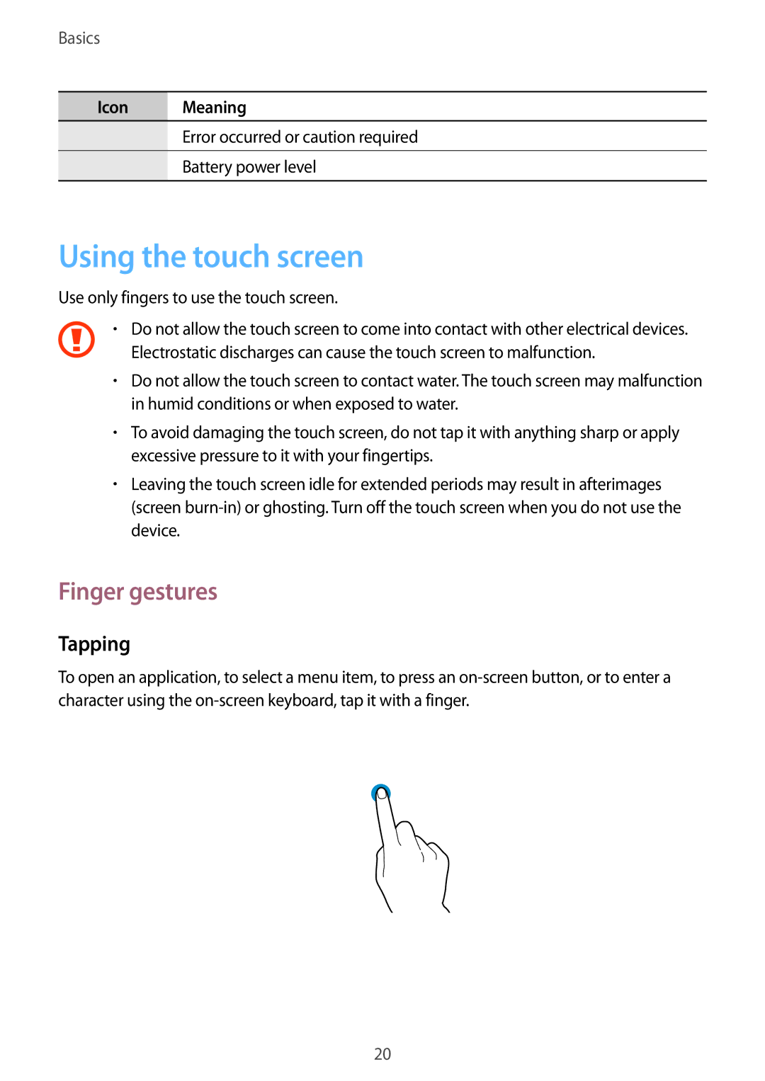 Samsung GT-I9082 user manual Using the touch screen, Finger gestures, Tapping 