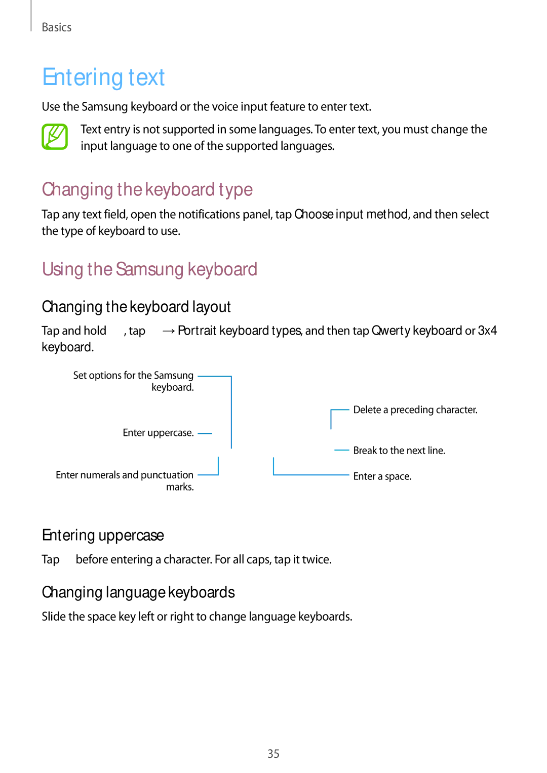 Samsung GT-I9082 user manual Entering text, Changing the keyboard type, Using the Samsung keyboard 