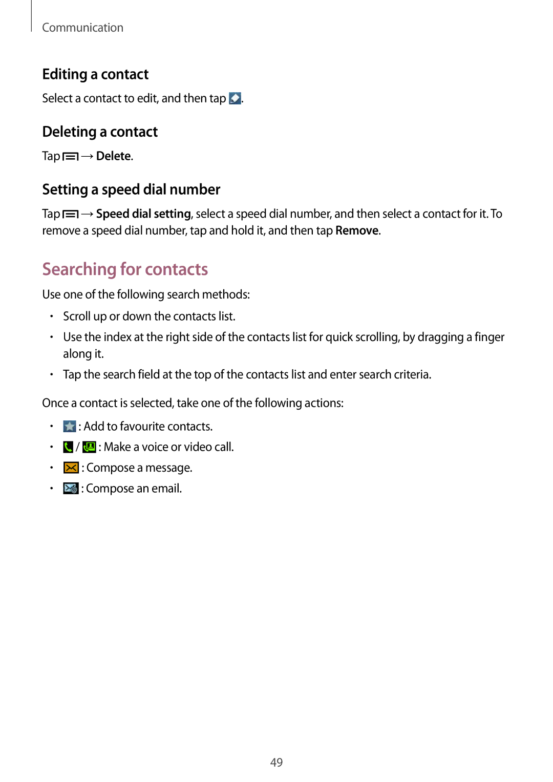 Samsung GT-I9082 user manual Searching for contacts, Editing a contact, Deleting a contact, Setting a speed dial number 