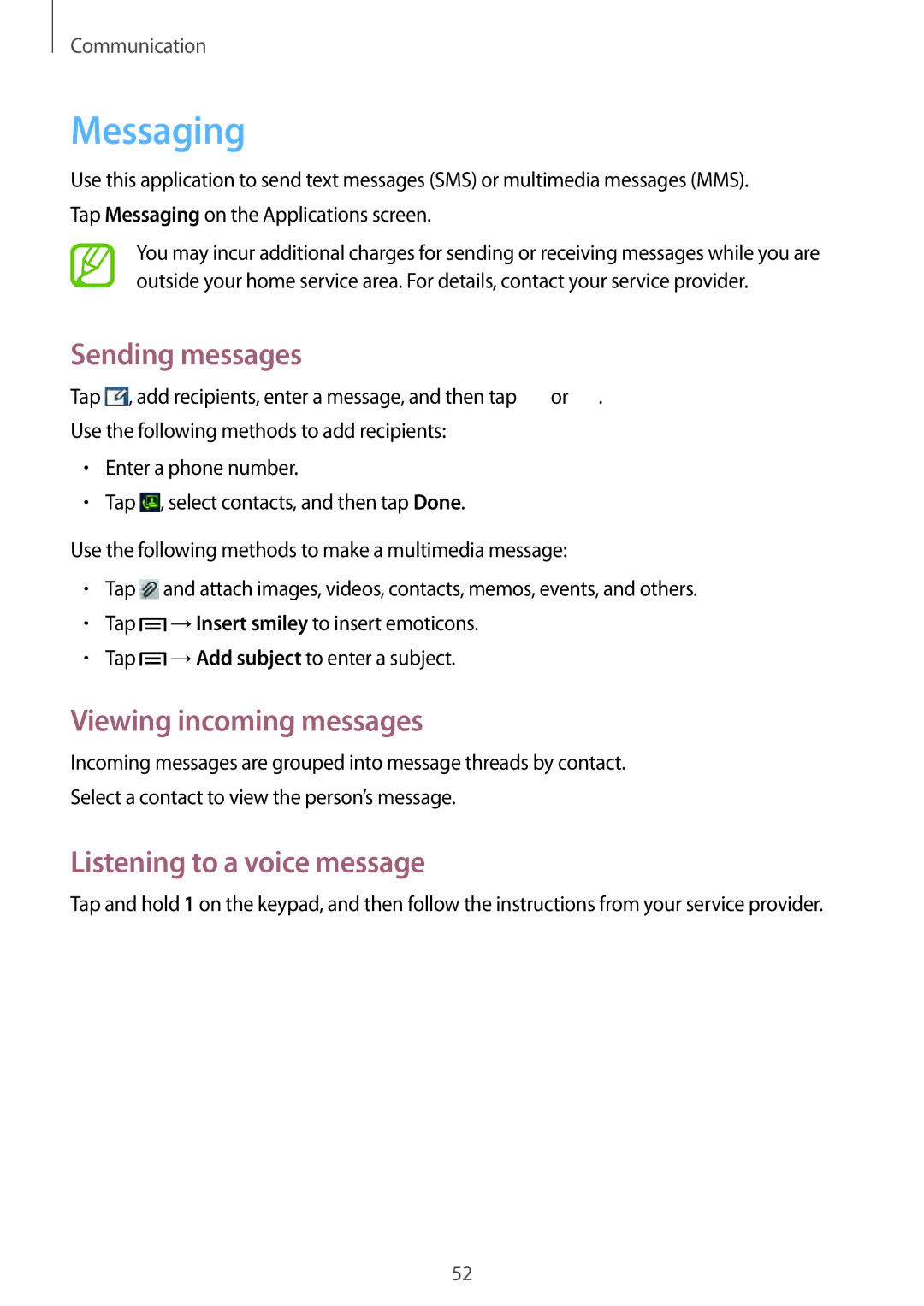 Samsung GT-I9082 user manual Messaging, Sending messages, Viewing incoming messages, Listening to a voice message 