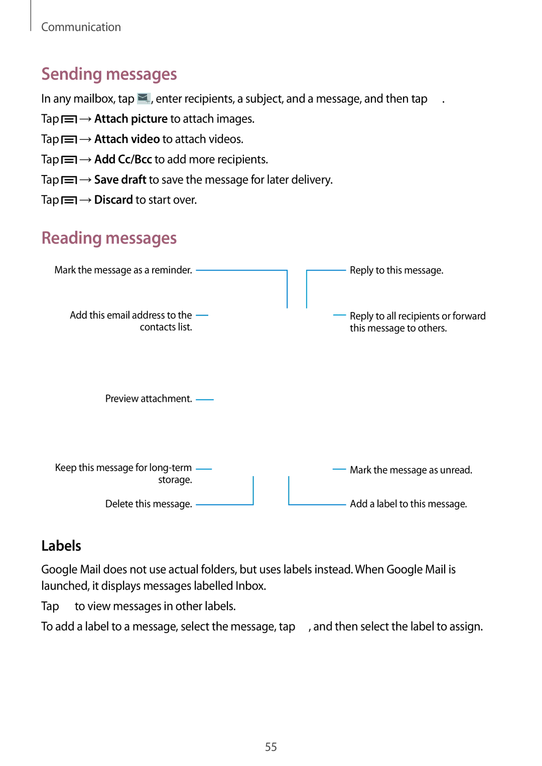 Samsung GT-I9082 user manual Labels, Preview attachment Reply to this message 