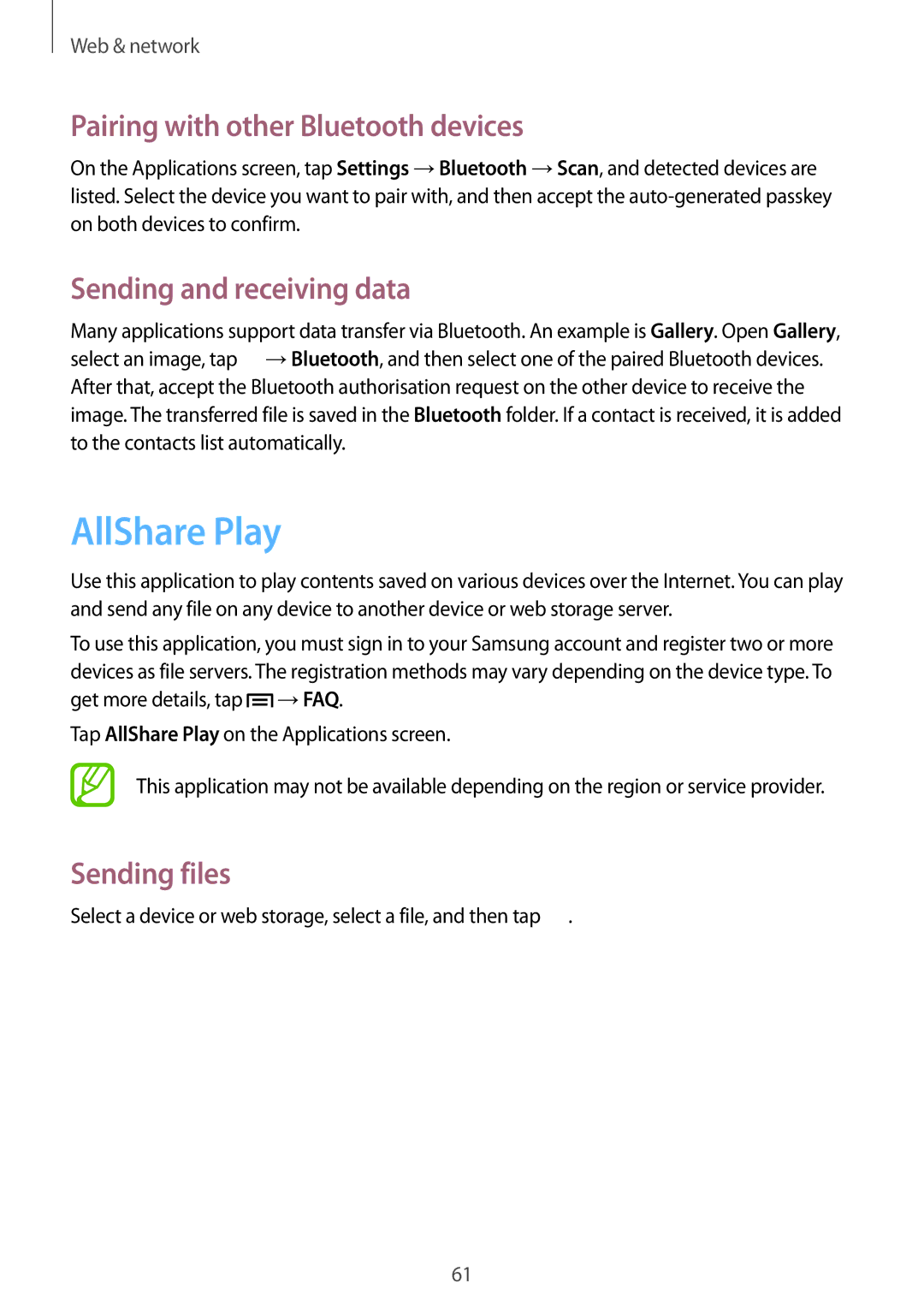 Samsung GT-I9082 user manual AllShare Play, Pairing with other Bluetooth devices, Sending and receiving data, Sending files 