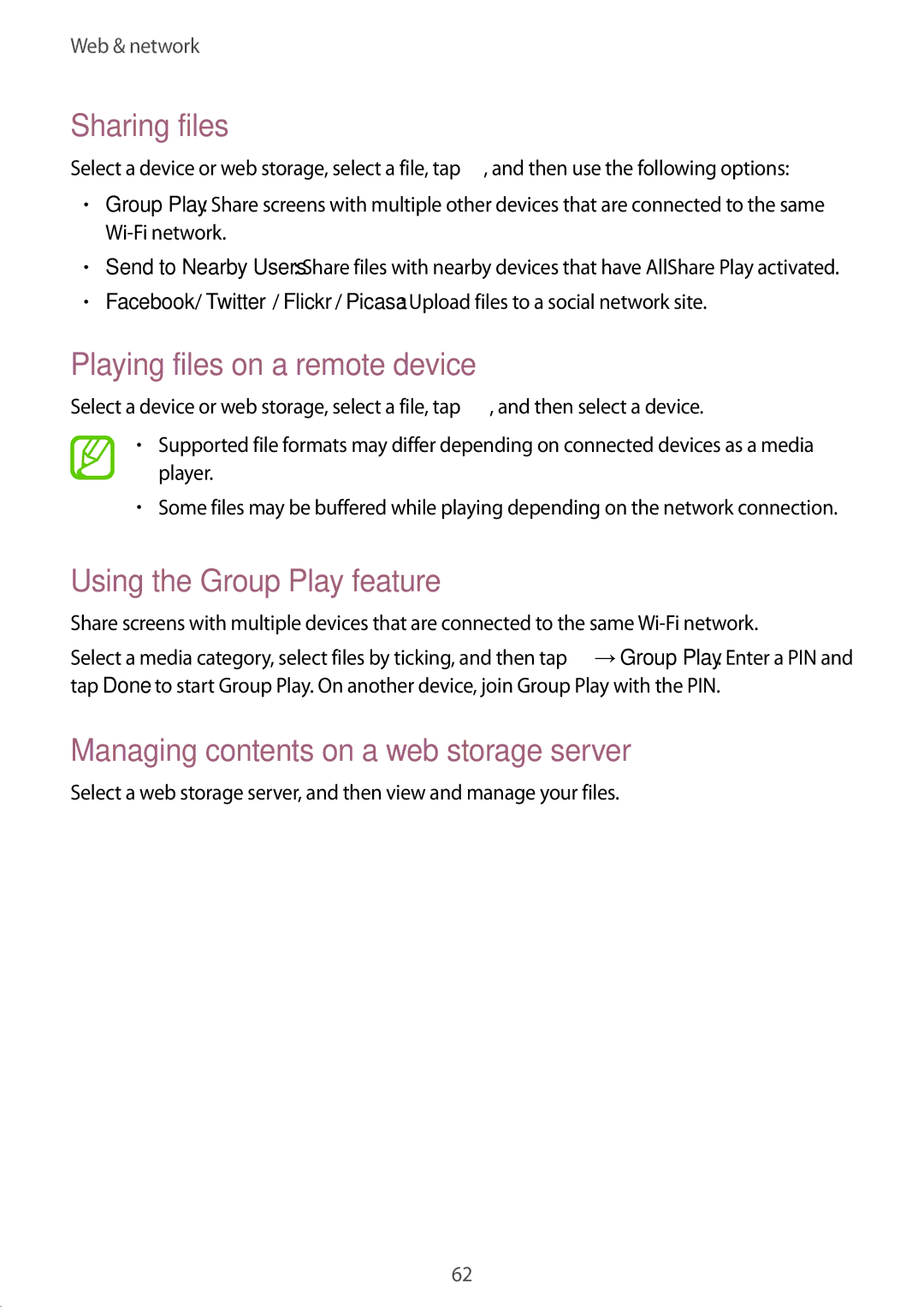 Samsung GT-I9082 user manual Sharing files, Playing files on a remote device, Using the Group Play feature 