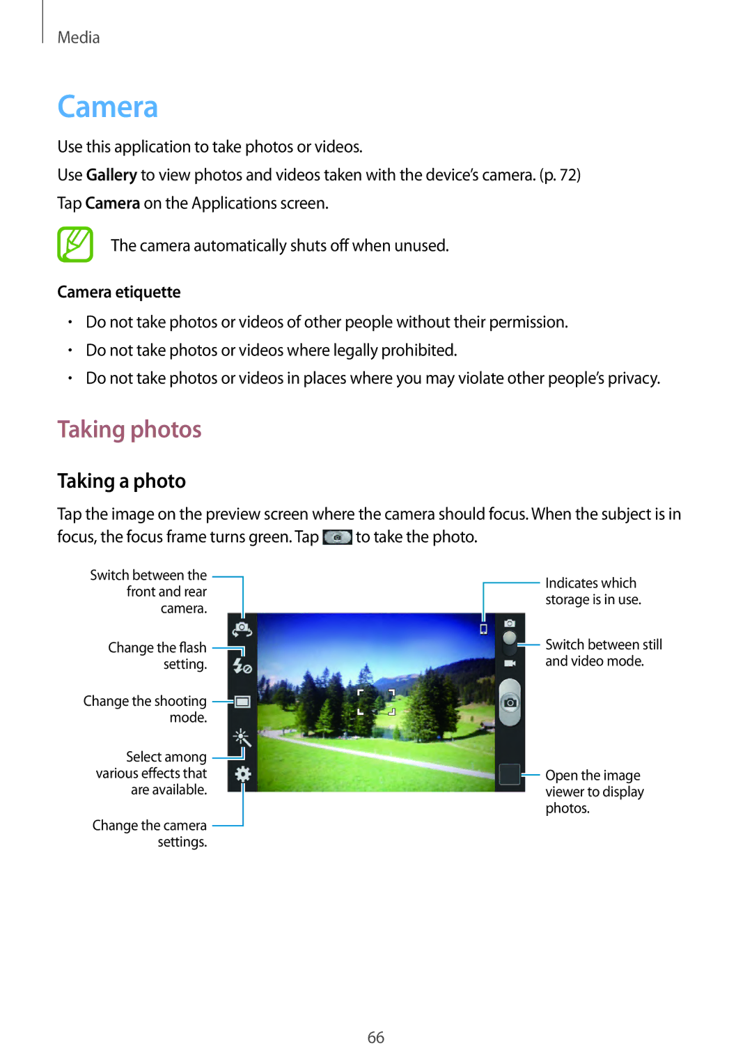 Samsung GT-I9082 user manual Taking photos, Taking a photo, Camera etiquette 