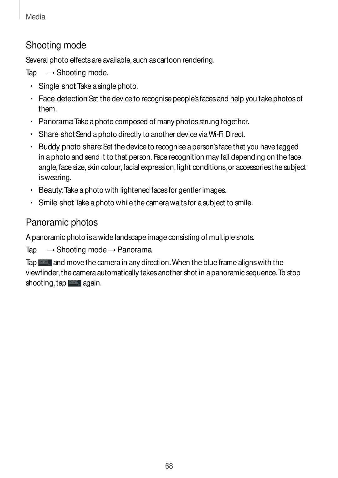 Samsung GT-I9082 user manual Panoramic photos, Tap →Shooting mode →Panorama 