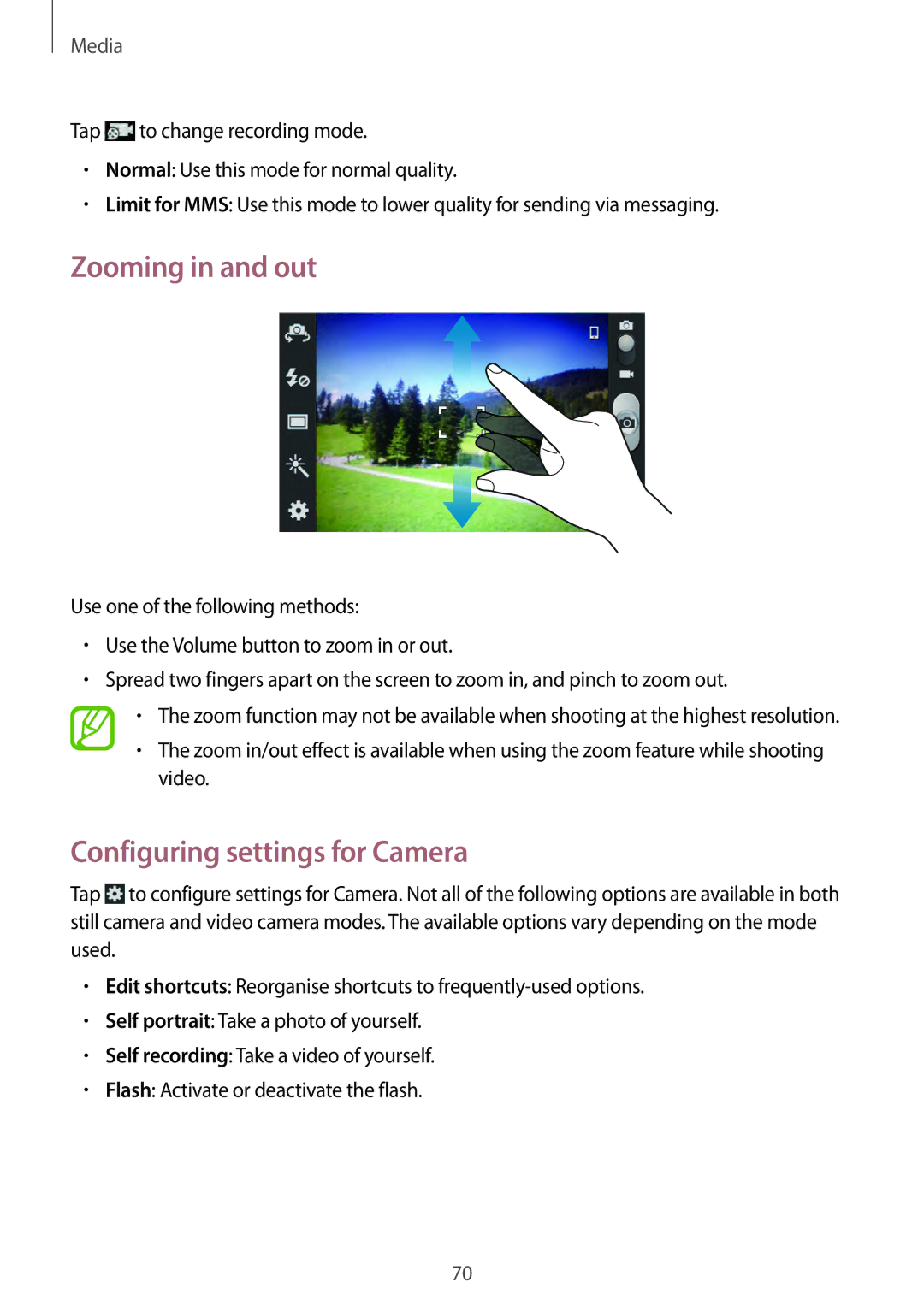 Samsung GT-I9082 user manual Zooming in and out, Configuring settings for Camera 