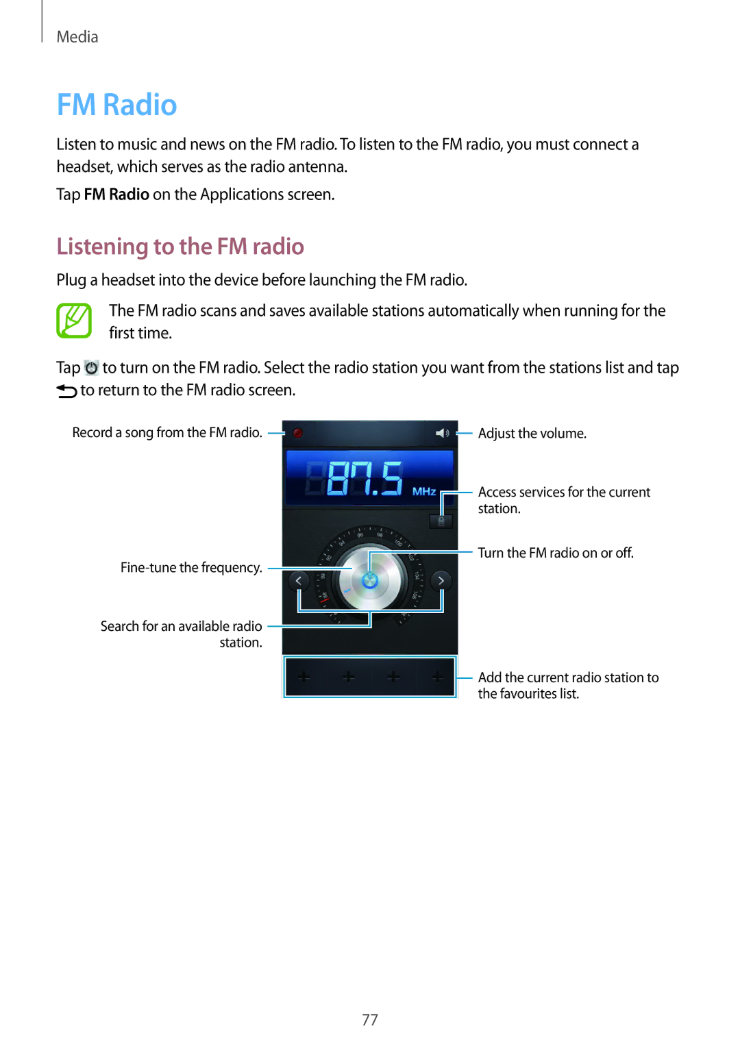 Samsung GT-I9082 user manual FM Radio, Listening to the FM radio 