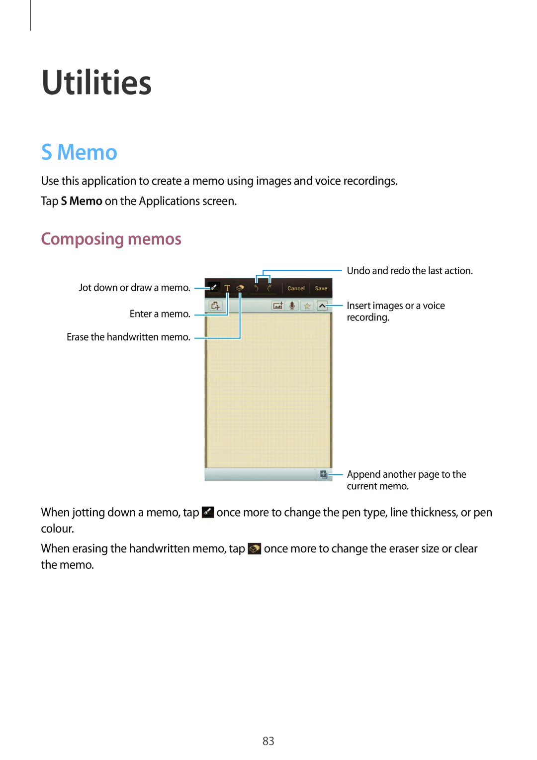 Samsung GT-I9082 user manual Utilities, Memo, Composing memos 