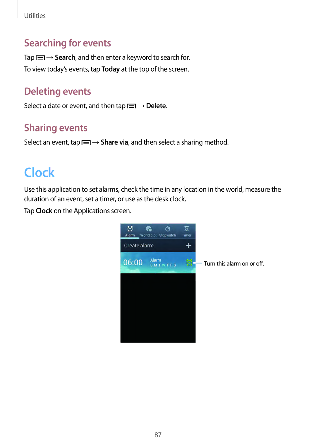 Samsung GT-I9082 user manual Clock, Searching for events, Deleting events, Sharing events 