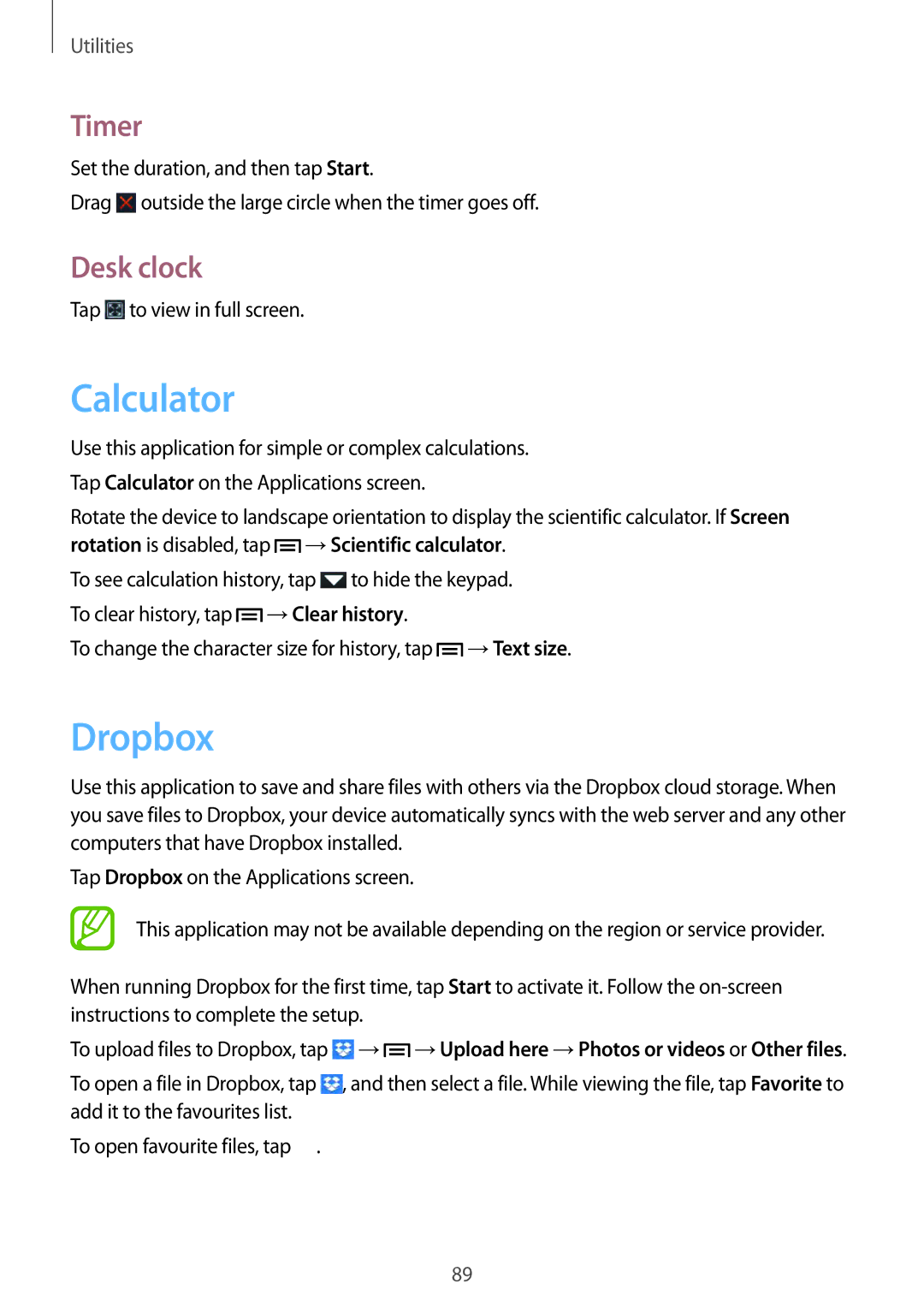 Samsung GT-I9082 user manual Calculator, Dropbox, Timer, Desk clock 