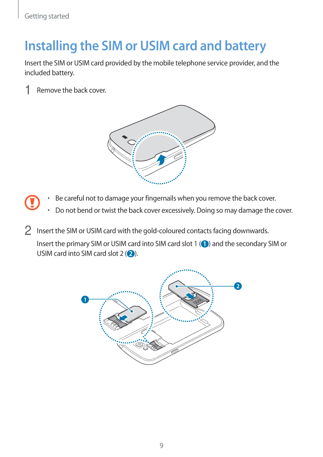 Samsung GT-I9082 user manual Installing the SIM or Usim card and battery 