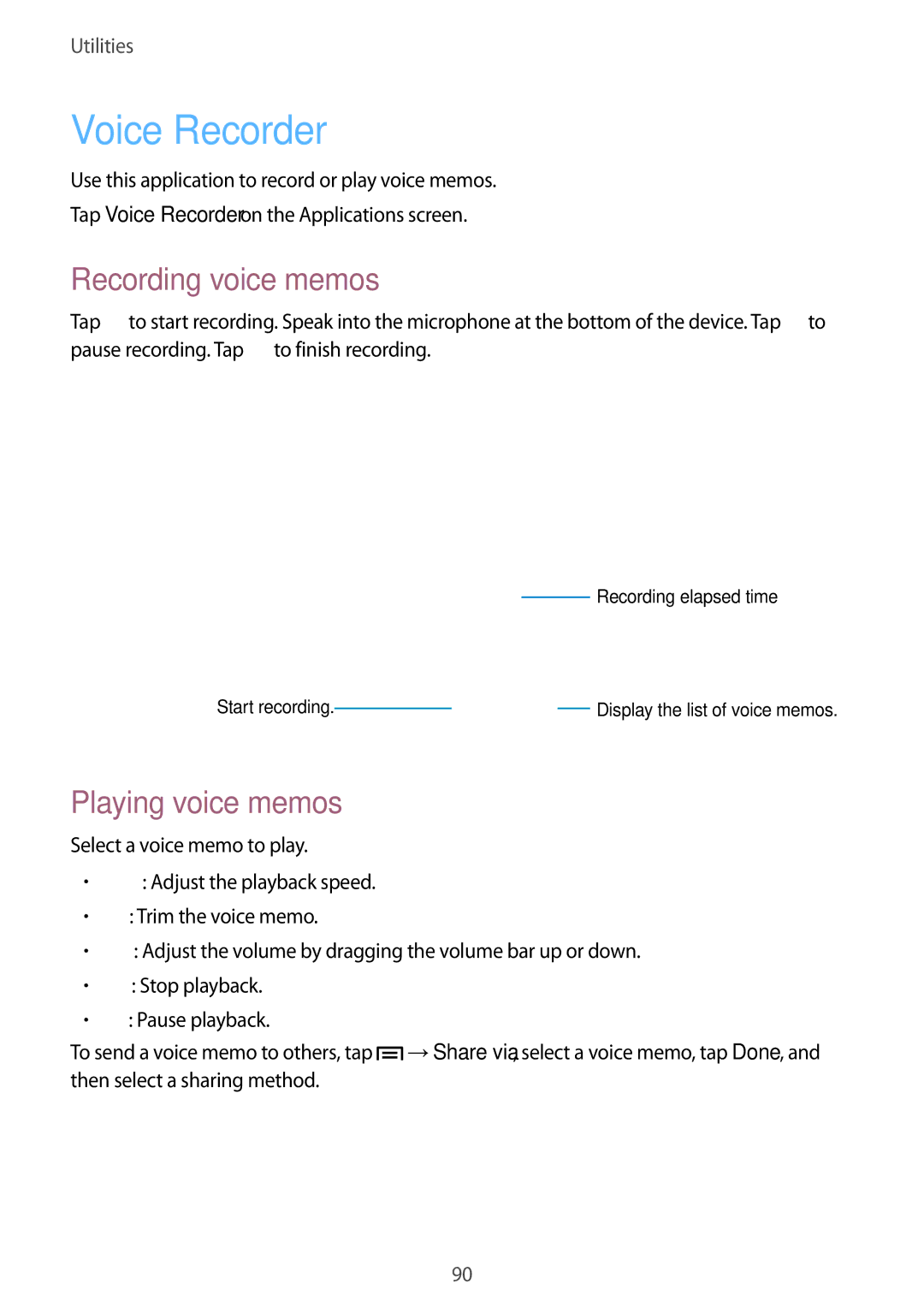 Samsung GT-I9082 user manual Voice Recorder, Recording voice memos, Playing voice memos 