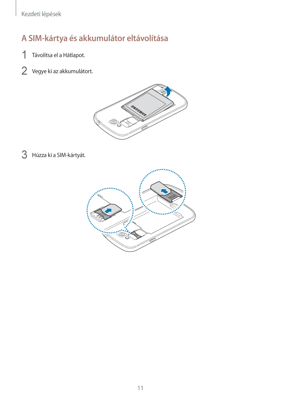 Samsung GT-I9082MBAVVT, GT-I9082EWABGL, GT-I9082EWACOA, GT-I9082EWAVVT, GT-I9082EWAAUT SIM-kártya és akkumulátor eltávolítása 