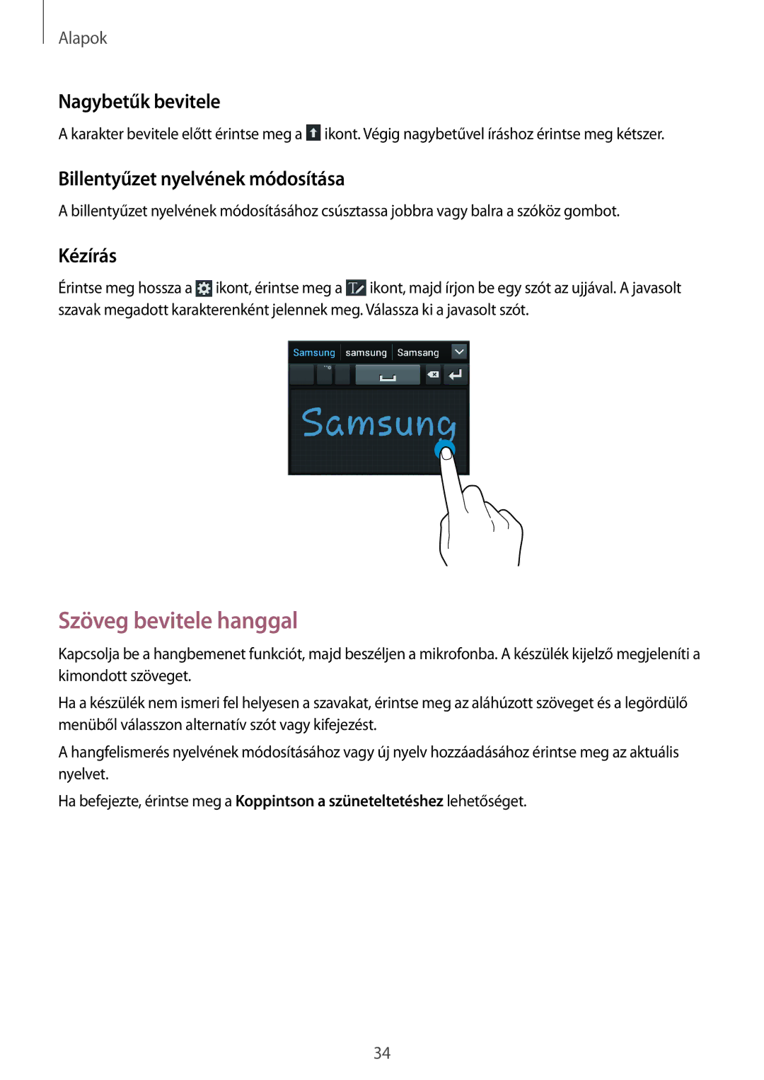 Samsung GT-I9082EWAVVT manual Szöveg bevitele hanggal, Nagybetűk bevitele, Billentyűzet nyelvének módosítása, Kézírás 