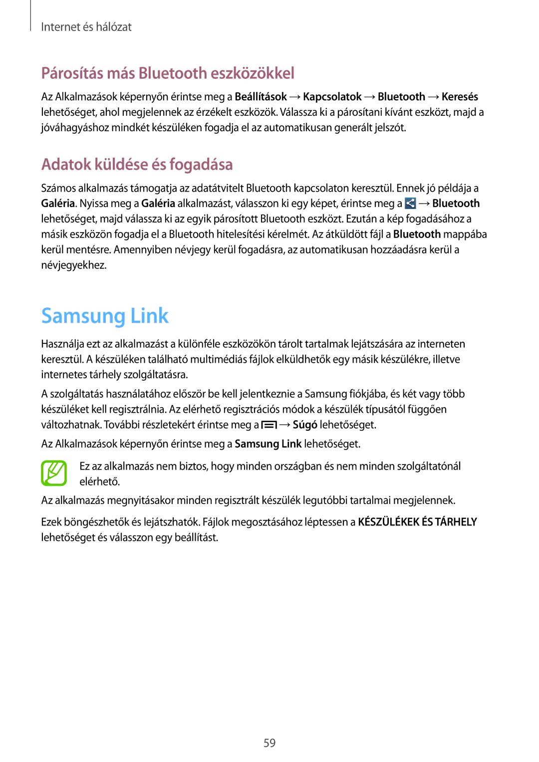 Samsung GT-I9082MBAVVT, GT-I9082EWABGL manual Samsung Link, Párosítás más Bluetooth eszközökkel, Adatok küldése és fogadása 