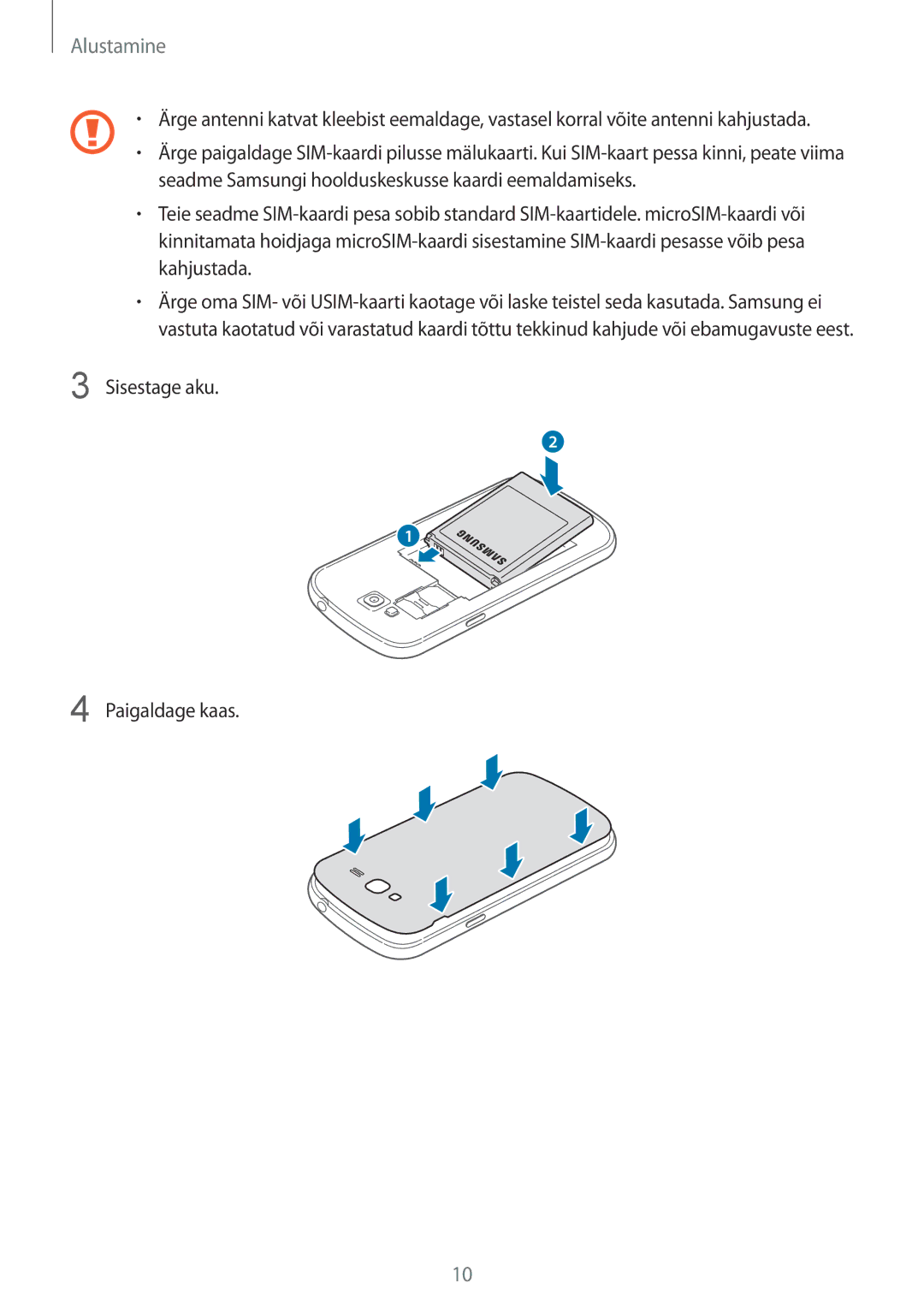 Samsung GT-I9082EWASEB, GT-I9082MBASEB manual Sisestage aku Paigaldage kaas 