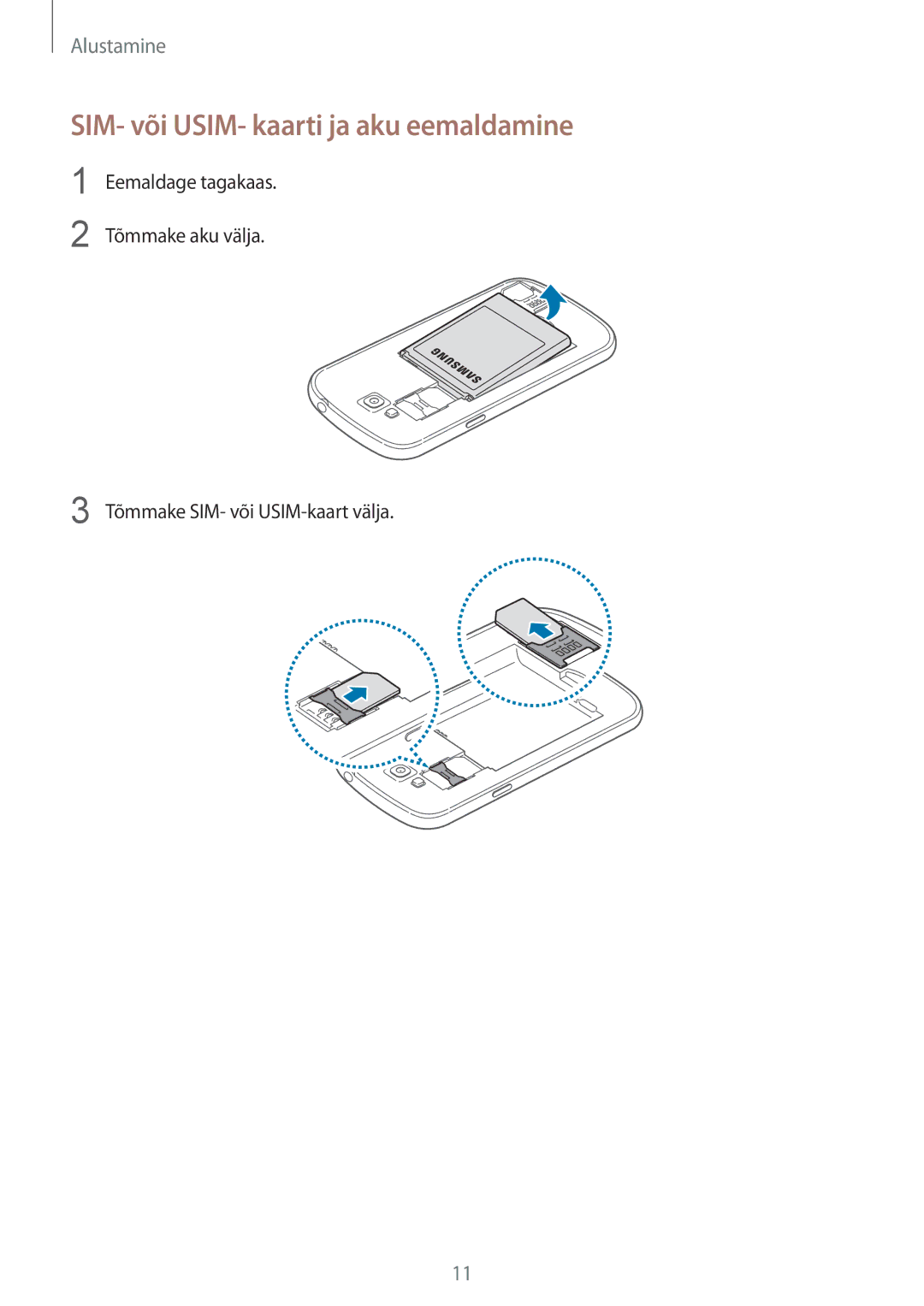 Samsung GT-I9082MBASEB, GT-I9082EWASEB manual SIM- või USIM- kaarti ja aku eemaldamine 