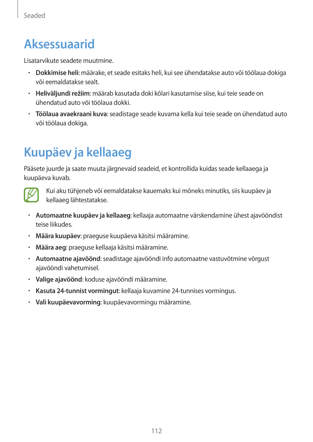 Samsung GT-I9082EWASEB, GT-I9082MBASEB manual Aksessuaarid, Kuupäev ja kellaaeg 