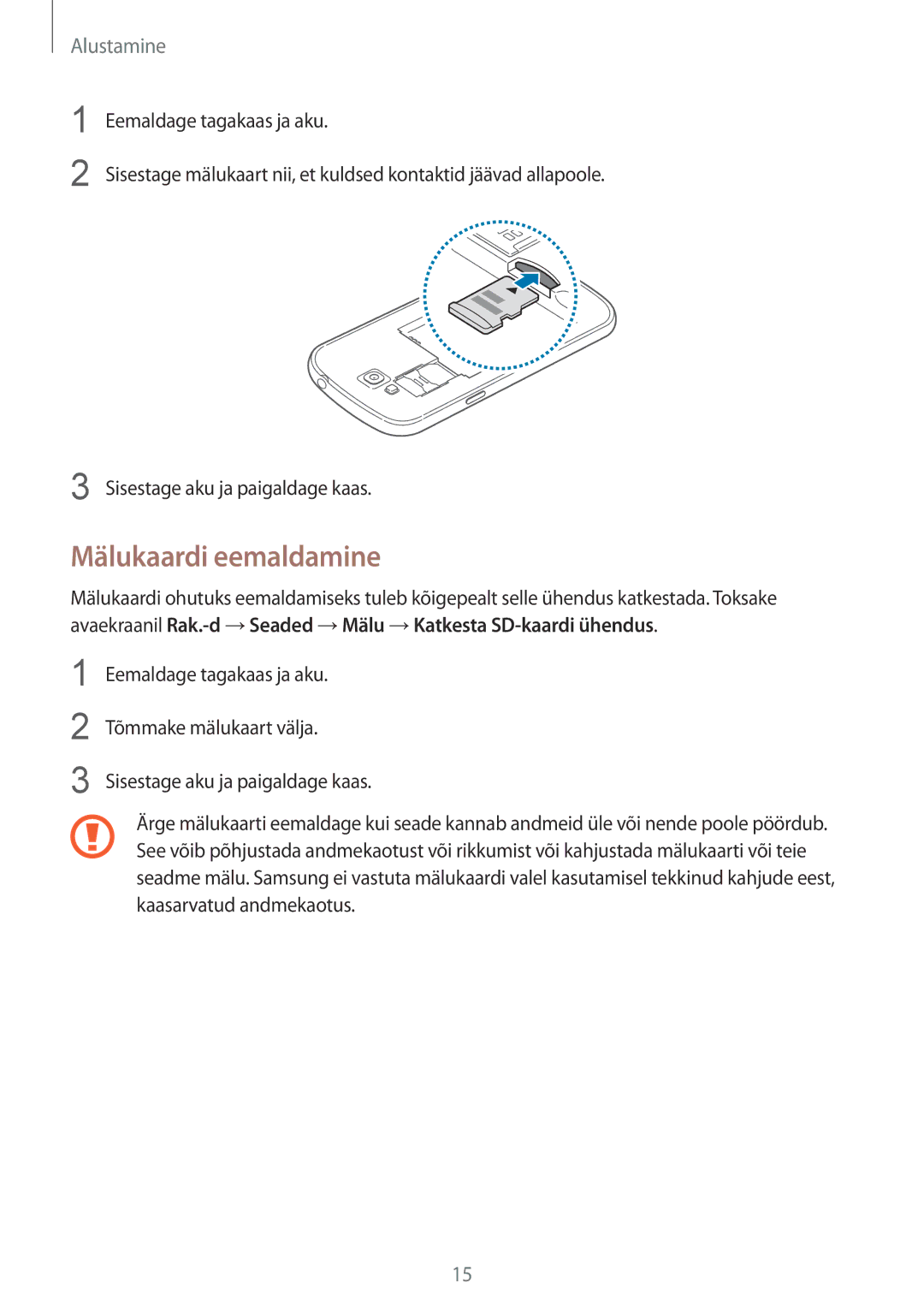 Samsung GT-I9082MBASEB, GT-I9082EWASEB manual Mälukaardi eemaldamine 